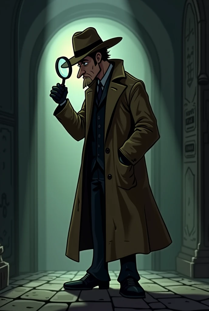 Sherlock Holmes in cartoon board game mafia style in dark beige and green background 