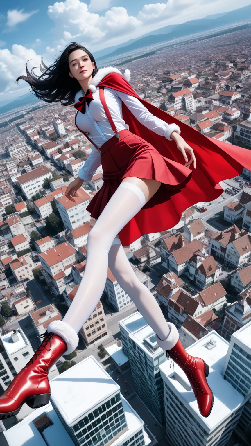 score_9,score_8_up,score_7_up,high res image,masterpiece,best quality,realistic,1girl,santa_costume,white_shirt,(red cape:1.2),(red skirt:1.2),(dynamic_angle:1.3),(medium breasts:1.3),(black hair:1.3),(white suspenders stockings:1.3),(santa_boots:1.2),(floating in the air:1.3),from_above,(many small tall buildings below:1.3),