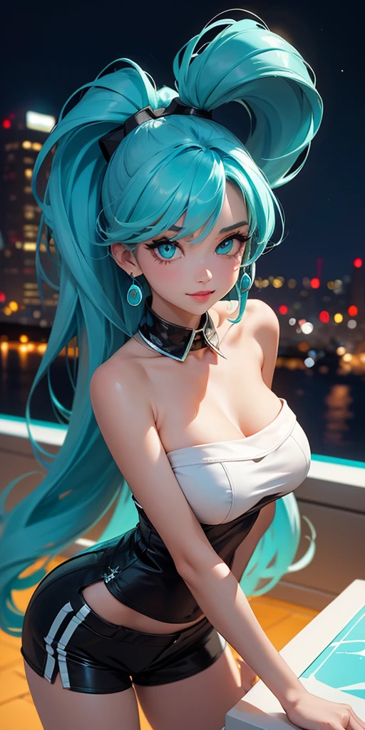 keyword: 1girl on photoshoot, (hatsune miku charakter), tosca hair color, long twin tail hair with pony, looking at the view, eyes on the view, smile (big smile), (open mouth), full body, 25 years old girl, perfect body, perfect anatomy, long twin tail hair, full bright tosca color for hair, tosca eye color, double eyelids, huge breasts, Highly detailed skin texture,(Realistic skin), Ultra-Detailed Face, Detailed Lips, Detailed Eyes, Double Eyelids,nacklaces, wet skin, wet hair, sexy poses, model poses, luxury satin long dress, (8k, RAW photo, best quality, masterpiece: 1.45), (realistic, photorealistic: 1.37), professional lighting, photons mapping, radiosity, physically based rendering, light clothing, low key, deep shadow, (in the dark:1.6), Deep V-neckline, top quality photo, high res, 4K, (clear face), (detailed face description), (detailed hand description), (masterpiece), (exquisite CG), extreme light and shadow, master work, rich details, (fine facial features), (highest quality photo), (masterpiece), (detailed eyes), look in front of you eyes, fine clavicle, ((large breasts)),(((areola_slip))),((puffy areolae)),((sideboobs)),(underboob),(((collar))),earrings,cowboy shot