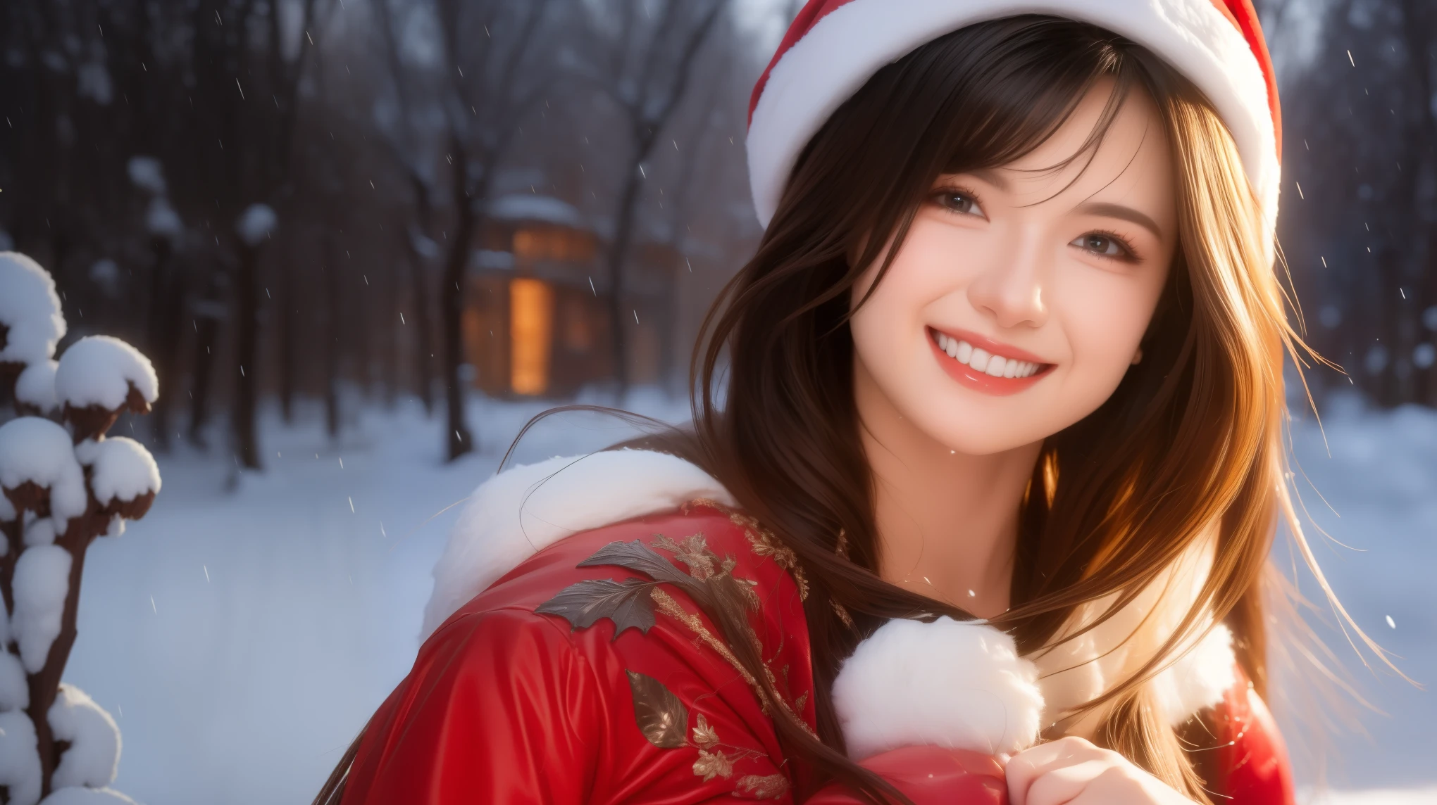 (Aesthetic, High Resolution: 1.2), beautiful 20 year old woman wearing an intricately detailed red boby Santa Claus costume, symmetrical costume structure, bright eyes, cheerful smile , hairstyle changes, snow is falling, snow in hair. Professional photographer, minimalism, concept art, intricate detail, 8k post-production, High Definition, Super Detail, trending on ArtStation, sharp focus, artistic dark studio photos , intricate detail, High detail, By Greg Rutkowski, Low light, professional light and dark art, Vivid colors. Outdoor winter scene with snow in the evening, A slight smile, True art, various hairstyles and color changes, Passionate mood, Seductive expressions, Sexy lips, Wet lips , Seductive closed eyes, Seductive appearance, suggestive posture.