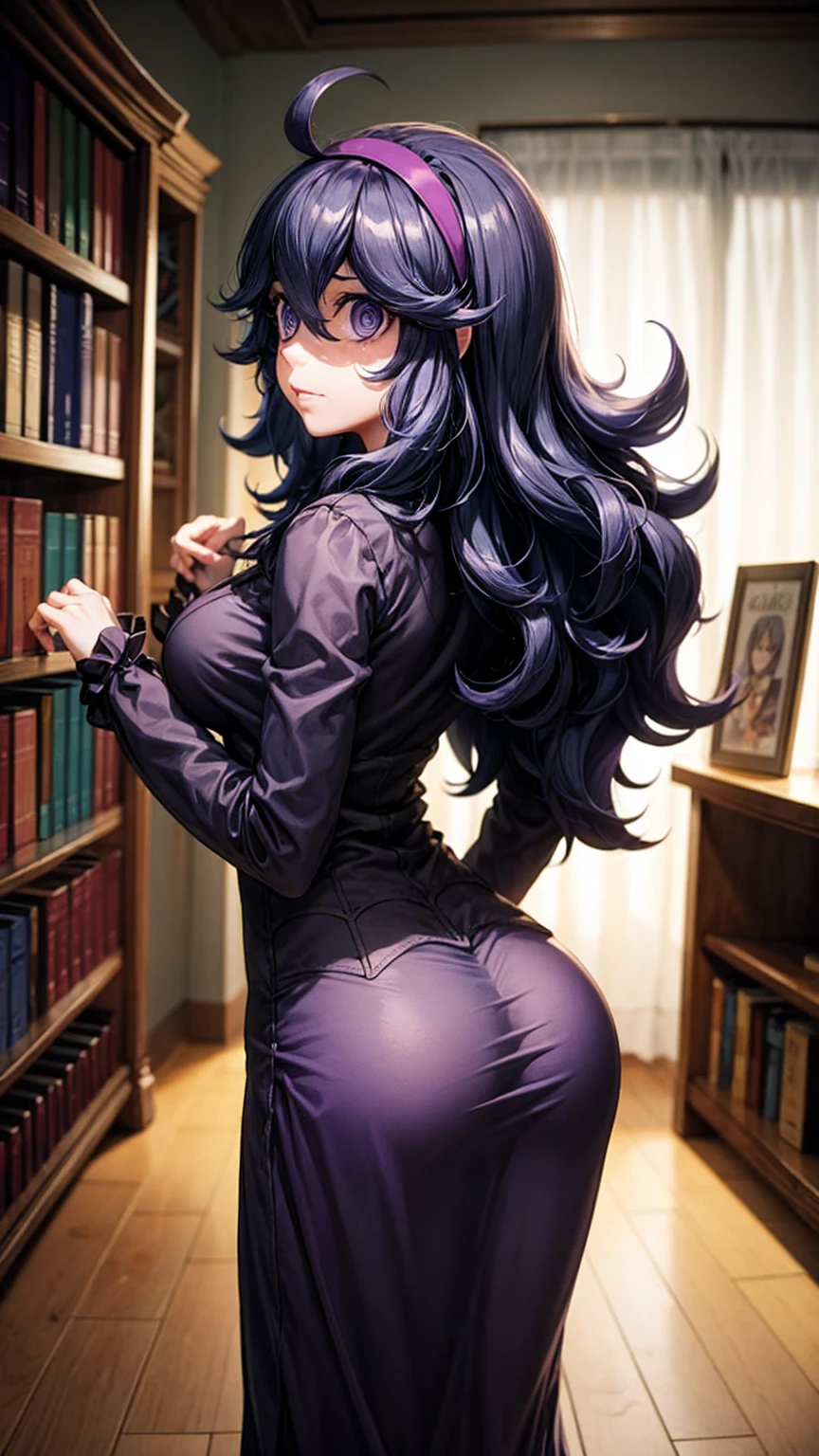  hex maniac,  headband,  messy hair,  purple eyes, Purple Hair, purple  headband, @ @,
black  dress,  dress, long  dress,  Long Sleeve ,  Juliet sleeve,
indoor, library,  bend your back,
 viewers,  cowboy shot,  Dutch angle to the side,