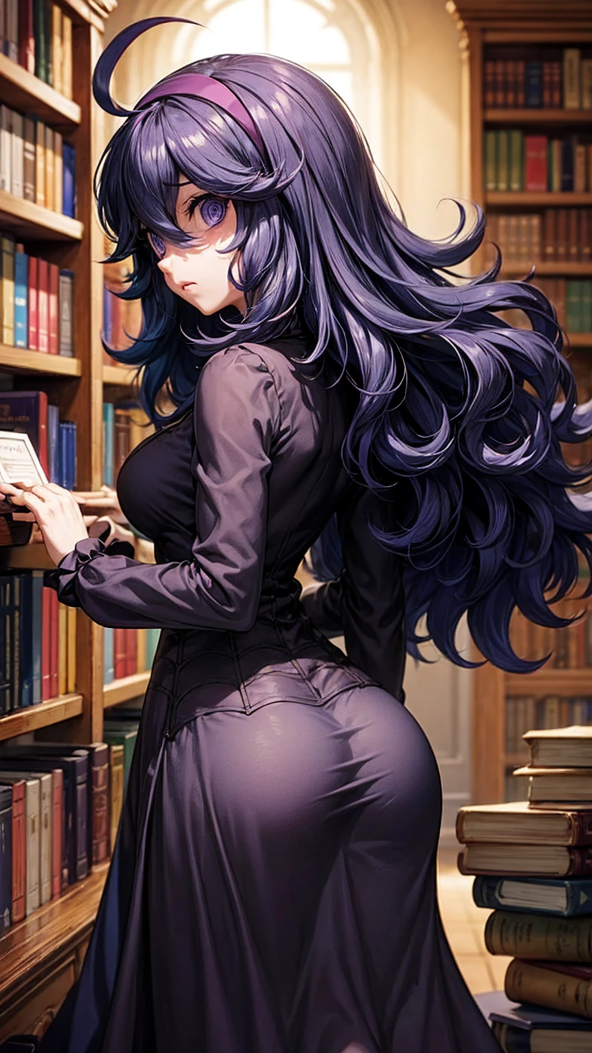  hex maniac,  headband,  messy hair,  purple eyes, Purple Hair, purple  headband, @ @,
black  dress,  dress, long  dress,  Long Sleeve ,  Juliet sleeve,
indoor, library,  bend your back,
 viewers,  cowboy shot,  Dutch angle to the side,