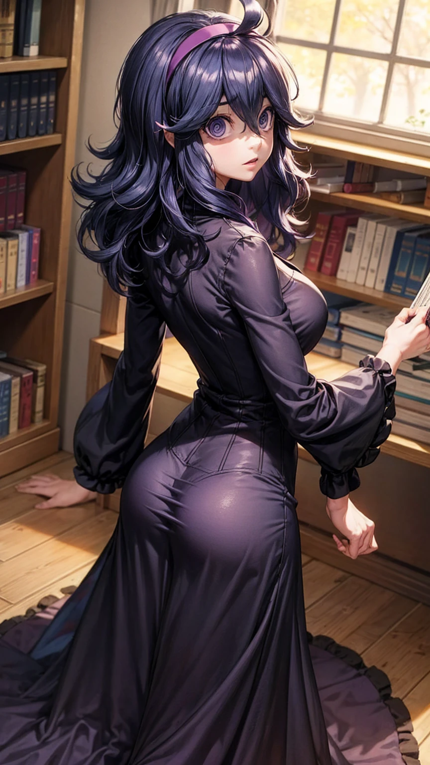  hex maniac,  headband,  messy hair,  purple eyes, Purple Hair, purple  headband, @ @,
black  dress,  dress, long  dress,  Long Sleeve ,  Juliet sleeve,
indoor, library,  bend your back,
 viewers,  cowboy shot,  Dutch angle to the side,