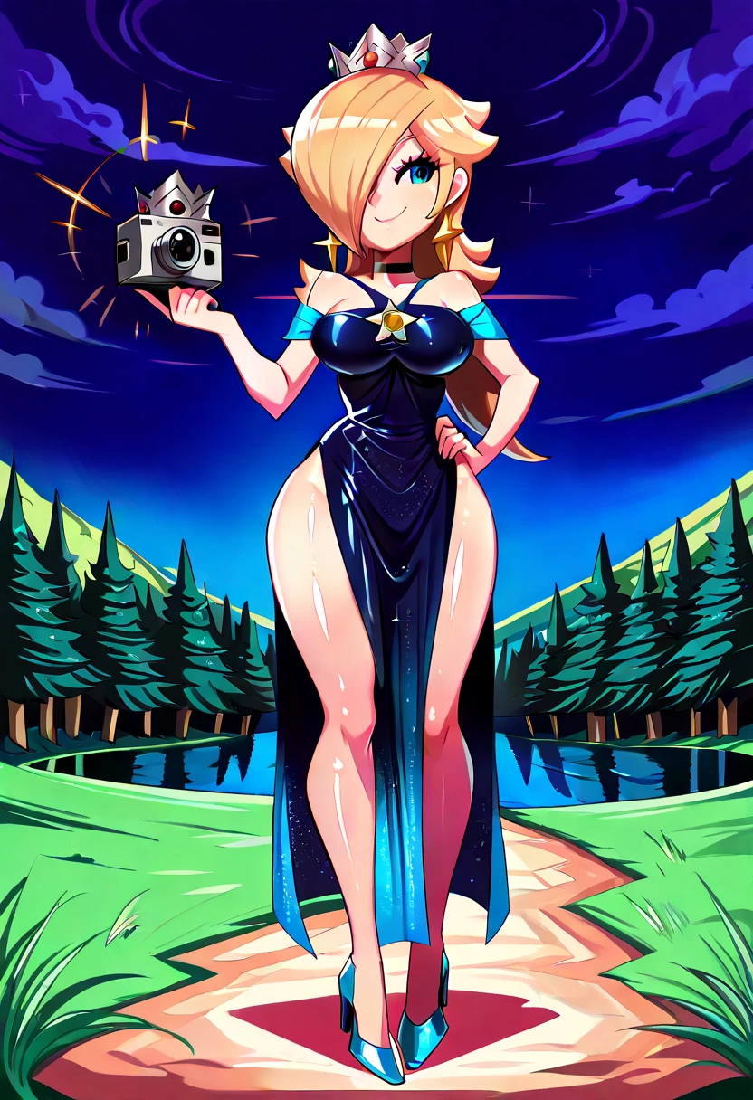 score_9, score_8_up, score_7_up, 1girl, Lora:Rosalina_XLPD:1,  (RslnSND, hair over one eye, crown, blue dress, bare shoulders, side slit, clothing cutout, choker, cleavage cutout, pelvic curtain, high heels, full body,  shiny dress, dark blue dress), Landidzu style , hand on hip, (holding a small black cloth in the other hand), smug, smile, shiny skin, (full bodies in view) , perfect proportions, lake forest background, night time. standing, (front view), , free legs, free feet, Open legs.  , (front view), complete body view, looking to the camera.