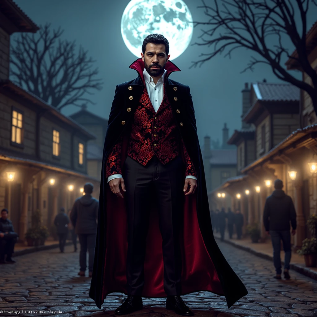 (Pivalora2), Envision embodying, 1man, solo, Dracula as envisioned in the 1600s, standing confidently in the heart of a town square. The villagers can’t help but feel drawn to his refined presence and mysterious charm. His attire, a decadent blend of opulent velvet and rich red accents, starkly contrasts with the simplicity of the square. The night is alive with moonlight, casting an eerie yet captivating ambiance. The mood is an exquisite blend of tension and fascination, as if the trees themselves are holding their collective breath in reverence.