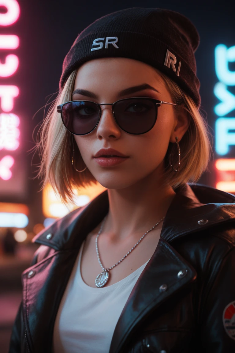 Face close up, alternative girl, watching over black sunglasses, jacket, necklace, neon light reflections on skin, ear ring, makeup, skin imperfection, short hair, beanie, neon lights background, low light, depth of field, highly detailed, high contrast, film grain, Rim Lighting, Long Exposure, DSLR