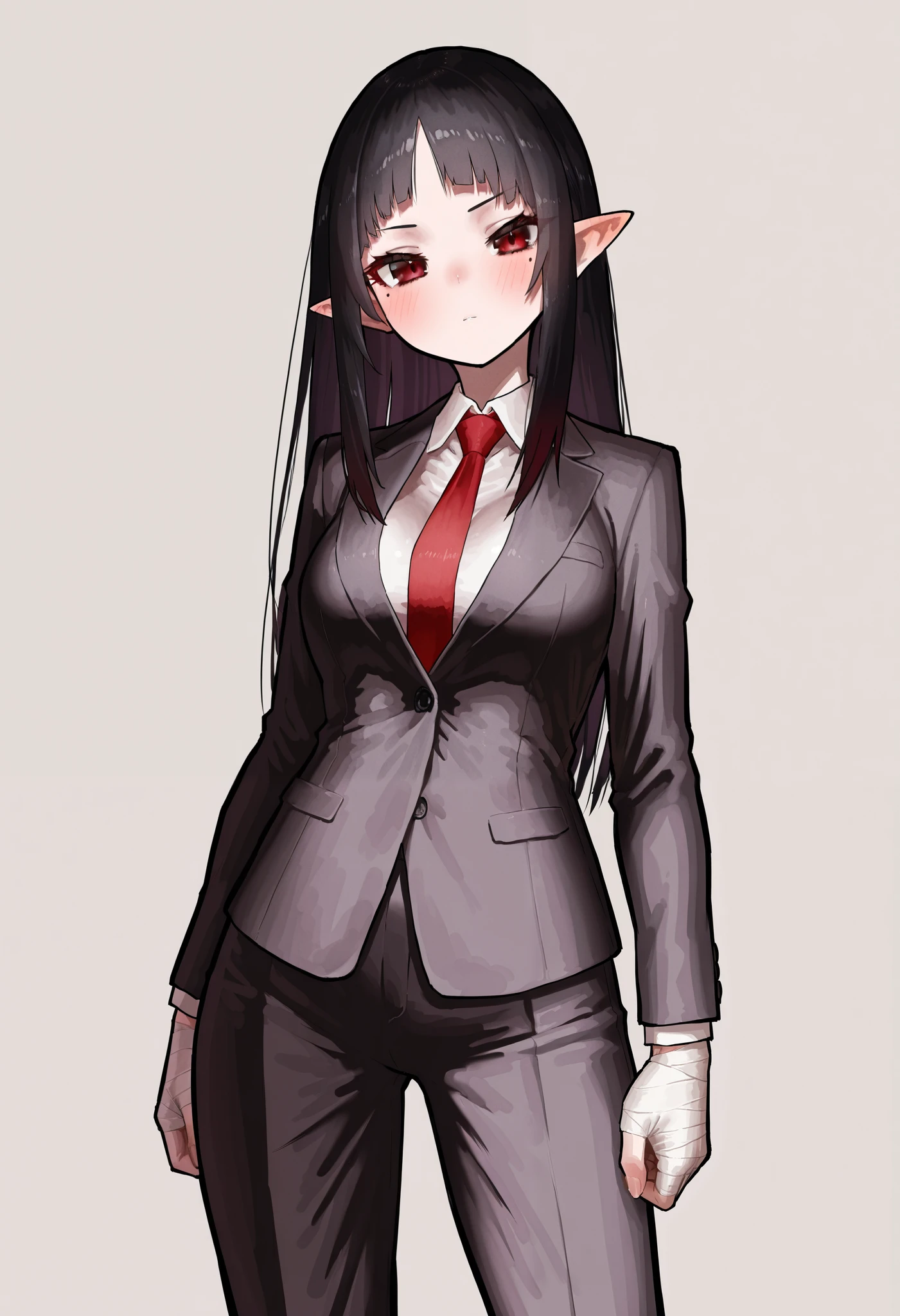 1girl, solo, ekrea jan style, black hair, long hair, straight hair, arched bangs, side locks, dark red eyes, mole under both eye, suit, jacket, red tie, suit pants, medium breasts, bandaged hands, pointy ears, arms at sides, head tilt, grey background, looking at viewer, masterpiece, best quality, amazing quality, very aesthetic, high resolution