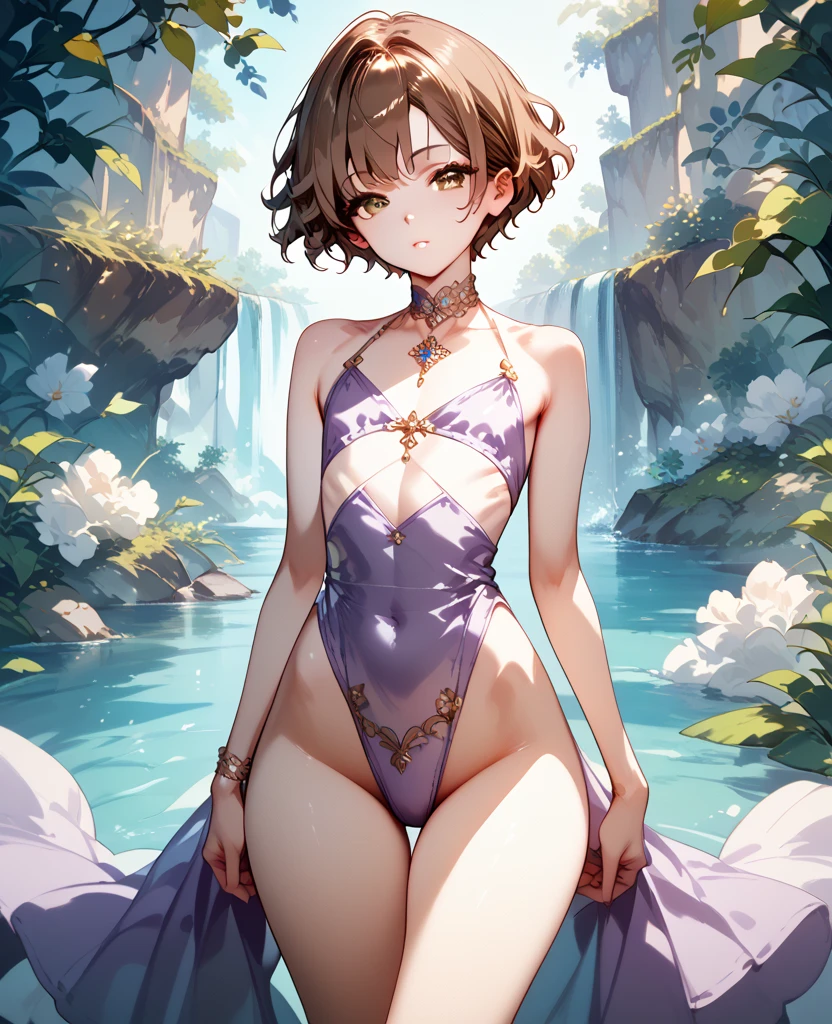 A boy, skinny, white skin, wavy brown hair, short hair, brown eyes, revealing and feminine clothing, small eyes, thin legs, thin torso, thin arms, narrow hips, black and light purple clothes