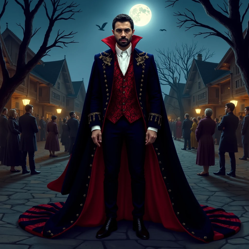 (Pivalora2), (medium close_up) Envision embodying, 1man, solo, Dracula as envisioned in the 1600s, standing confidently in the heart of a town square. The villagers can’t help but feel drawn to his refined presence and mysterious charm. His attire, a decadent blend of opulent velvet and rich red accents, starkly contrasts with the simplicity of the square. The night is alive with moonlight, casting an eerie yet captivating ambiance. The mood is an exquisite blend of tension and fascination, as if the trees themselves are holding their collective breath in reverence.