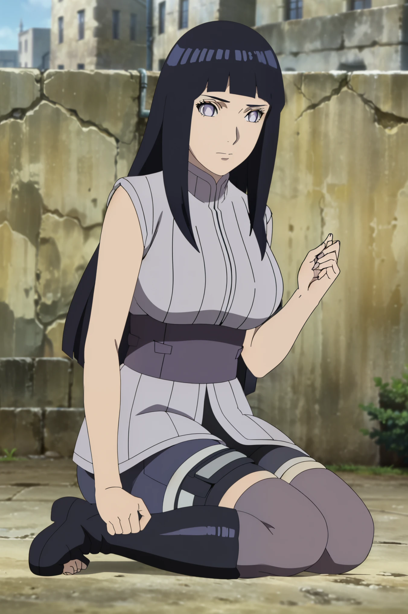 (Art board), (Best quality), (ultra detailed),  highres icon, ultra detailed face,  perfect lighting ,  highly detailed computer graphics, ( perfect hands ,  Perfect anatomy , Perfect body,  beautiful eyes ,  perfect face,  is a result of _9,  is a result of _8_higher,  is a result of _7_higher, issuer_Anime, break, ( one girl ,Alone), shoujo Hinata Hyuga, Dark blue hair , long hair, قصة شعر Short, no phigheril eyes, pale purple eyes, white shirt, ribbed shirt,  sleeveless , belt, Short, purple Short, man braces, thigh bag, black over-the-knee socks, knee-high boots,Black shoes , toeless shoes,  big _breasts, Familiar, mature, ثديين  big ين, outdoors, 