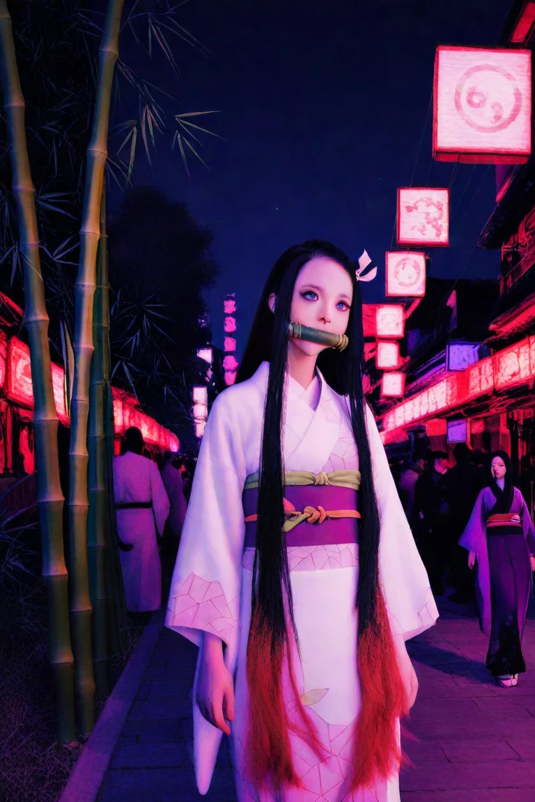 nezuko, realistic, life, very long hair, multicolored hair, black hair, red hair, gagged, bamboo, gag, city, night, white long kimono, wide purple beautiful upturned eyes
