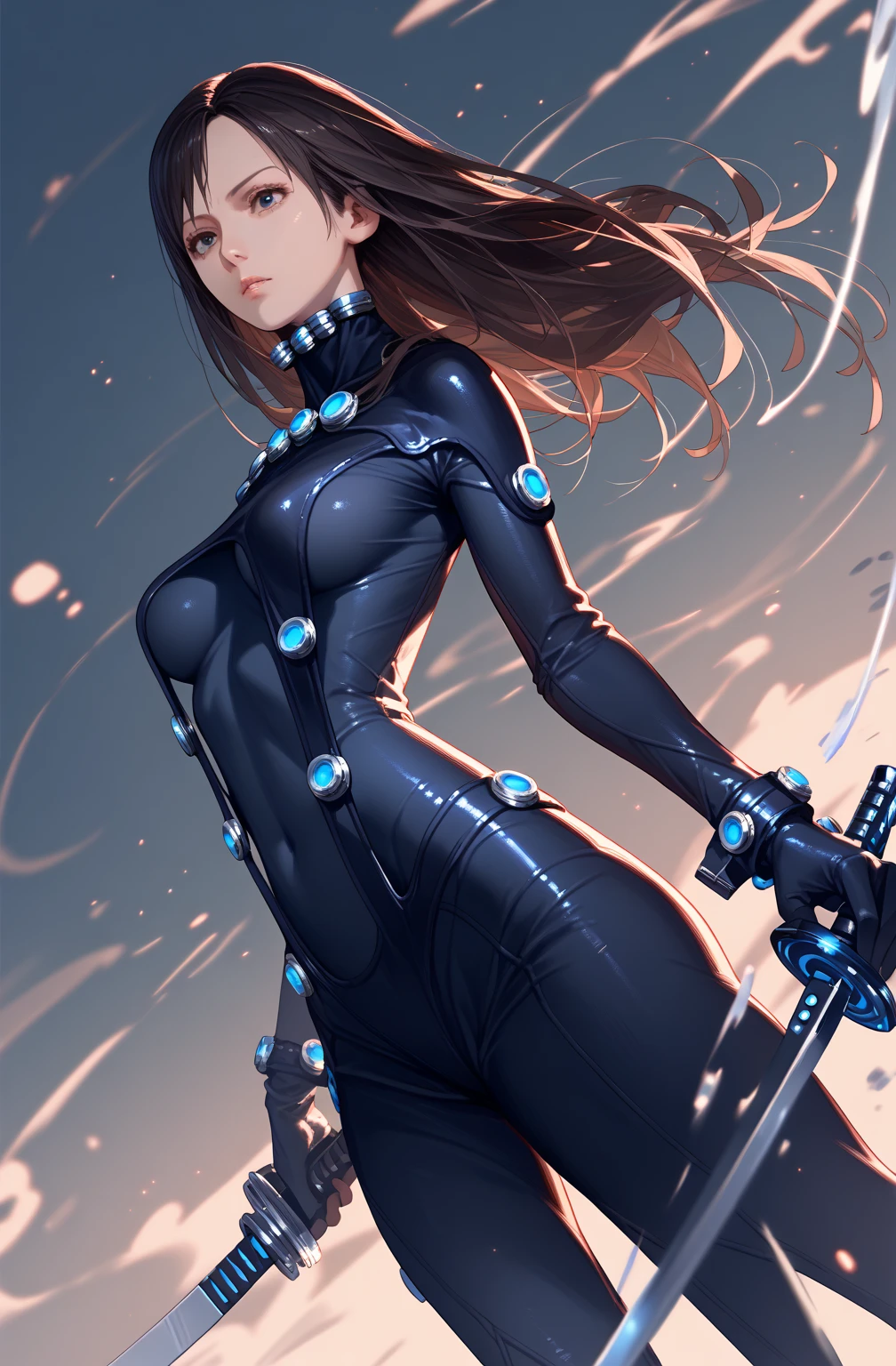 Reika shimohira in gantz costume, bare breasts dynamic pose, dynamic angle holding gantz katana 
