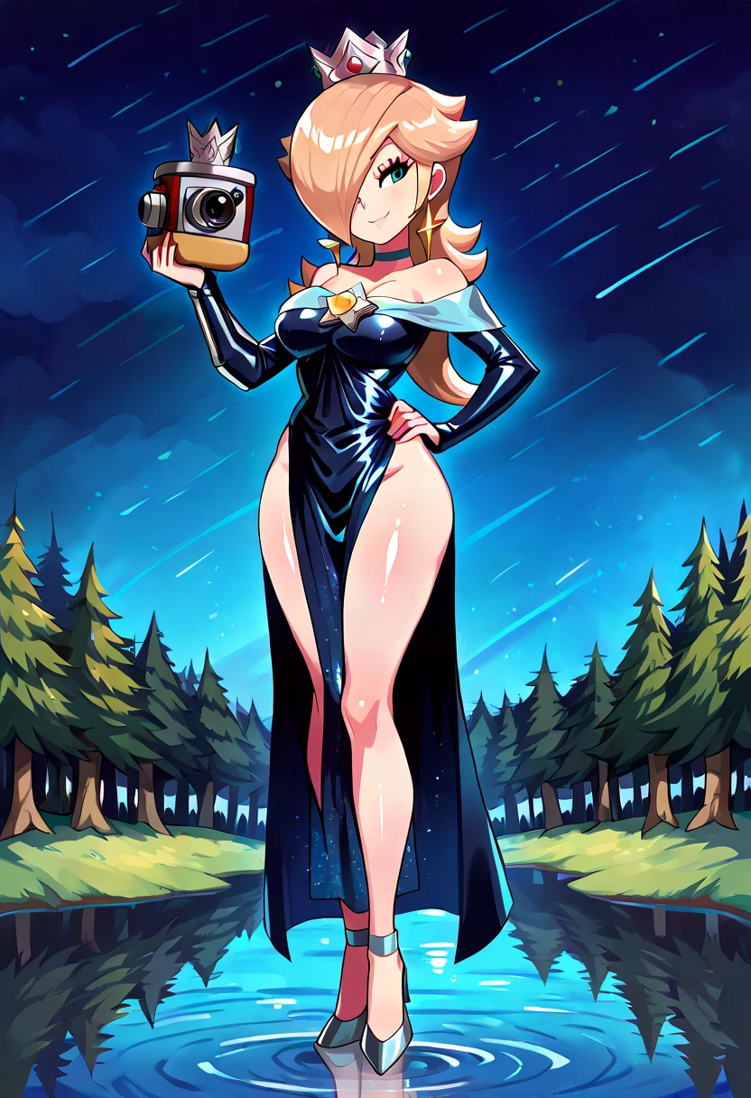 score_9, score_8_up, score_7_up, 1girl, Lora:Rosalina_XLPD:1,  (RslnSND, hair over one eye, crown, blue dress, bare shoulders, side slit, clothing cutout, choker, cleavage cutout, pelvic curtain, high heels, full body,  shiny dress, dark blue dress), Landidzu style , hand on hip, (holding a armbinder  in the other hand), smug, smile, shiny skin, (full bodies in view) , perfect proportions, lake forest background, night time. standing, (front view), , free legs, free feet, Open legs.  , (front view), complete body view, looking to the camera.