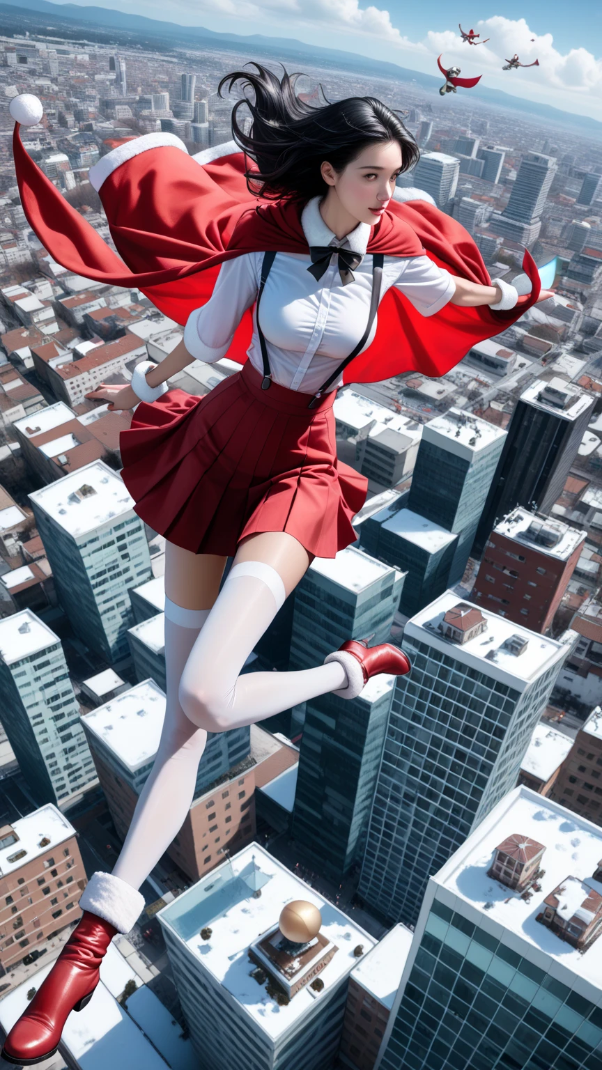 score_9,score_8_up,score_7_up,high res image,masterpiece,best quality,realistic,1girl,santa_costume,white_shirt,(red cape:1.2),(red skirt:1.2),(dynamic_angle:1.3),(medium breasts:1.3),(black hair:1.3),(white suspenders stockings:1.3),(santa_boots:1.2),(floating in the air:1.3),from_above,(many small tall buildings below:1.3),