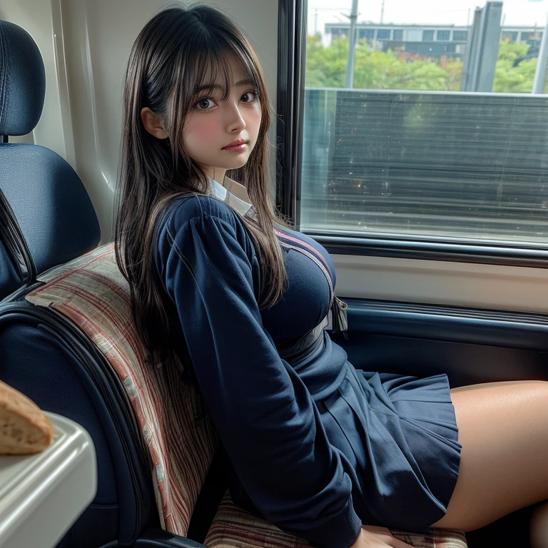 ((((highest quality))))、(((Ultra-precision CG16K wallpaper)))、(((masterpiece)))、(((Super detailed)))、(((super extreme details)))、((１Mature 24 year old woman:1.6))、((Very beautiful Japanese faceai Shiraishi:1.3))、((straight semi-long hair、blunt bangs:1.5))、(Shiny brown hair)、beautiful delicate eyes、brown eyes、high nose、small nostrils、small mouth、seductive lips、beautiful breasts、((C cup size breasts))、cleavage、plump body、perfect proportions、perfect anatomy、perfect composition、beautiful detailed shading、beautiful natural lighting、beautiful detail glow、Depth of the bounds written、(((High chroma)))、(((real:1.9)))、((vivid:1.5))、((beautiful skin))、((skin texture))、((realな皮膚感))、(((full body shot:1.8)))、((Front view、Front low angle:1.5))、((shy smile:1.5))、(The woman is facing this way:1.5)、Bright daylight、Natural light、(((sitting on a train seat:1.6)))、(sitting pose:1.5)、(((Wearing a cardigan、High school girl uniform、Micro mini pleated mini skirt clothing、wearing high socks:1.6)))、((hair band、earrings、wearing necklace:1.3))、((Wearing black loafers:1.6))、