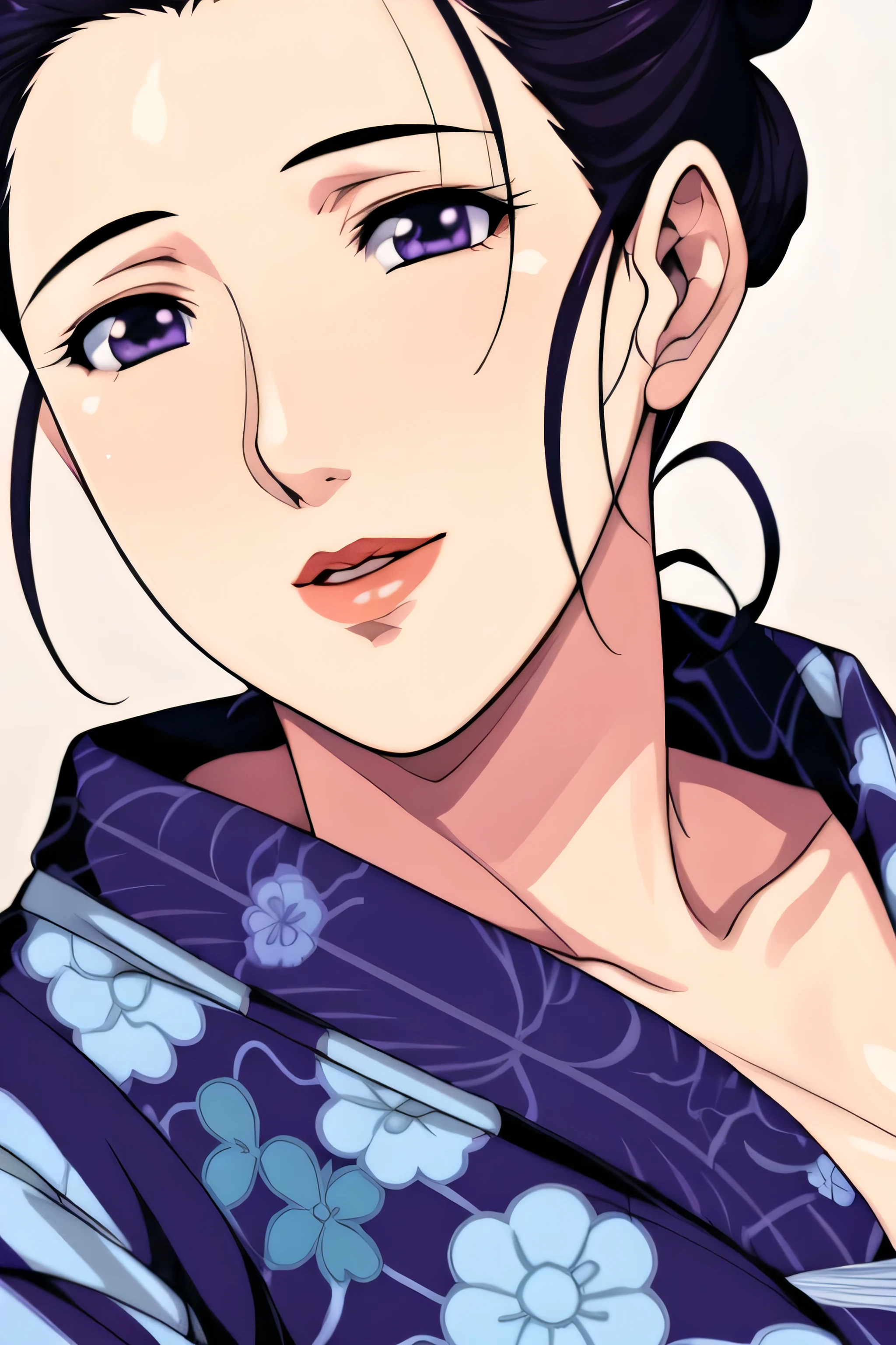 Simple Background,White Background,
purple kimono,floral print,japanese clothes,wide sleeves,long sleeves,
cleavage,
purple eyes, black hair,bangs,hair bun,
1 girl,Young female,Beautiful long legs,Beautiful body,
Beautiful Nose,Beautiful character design, perfect eyes, perfect face,expressive eyes,perfect balance,
looking at viewer,(Focus on her face),closed mouth, (innocent_big_eyes:1.0),(Light_Smile:0.3),
official art,extremely detailed CG unity 8k wallpaper, perfect lighting,Colorful, Bright_Front_face_Lighting,White skin,
(masterpiece:1.0),(best_quality:1.0), ultra high res,4K,ultra-detailed,
photography, 8K, HDR, highres, absurdres:1.2, Kodak portra 400, film grain, blurry background, bokeh:1.2, lens flare, (vibrant_color:1.2),professional photograph,
(Beautiful,large_Breasts:1.4), (beautiful_face:1.5),(narrow_waist),face towards front , face direction front