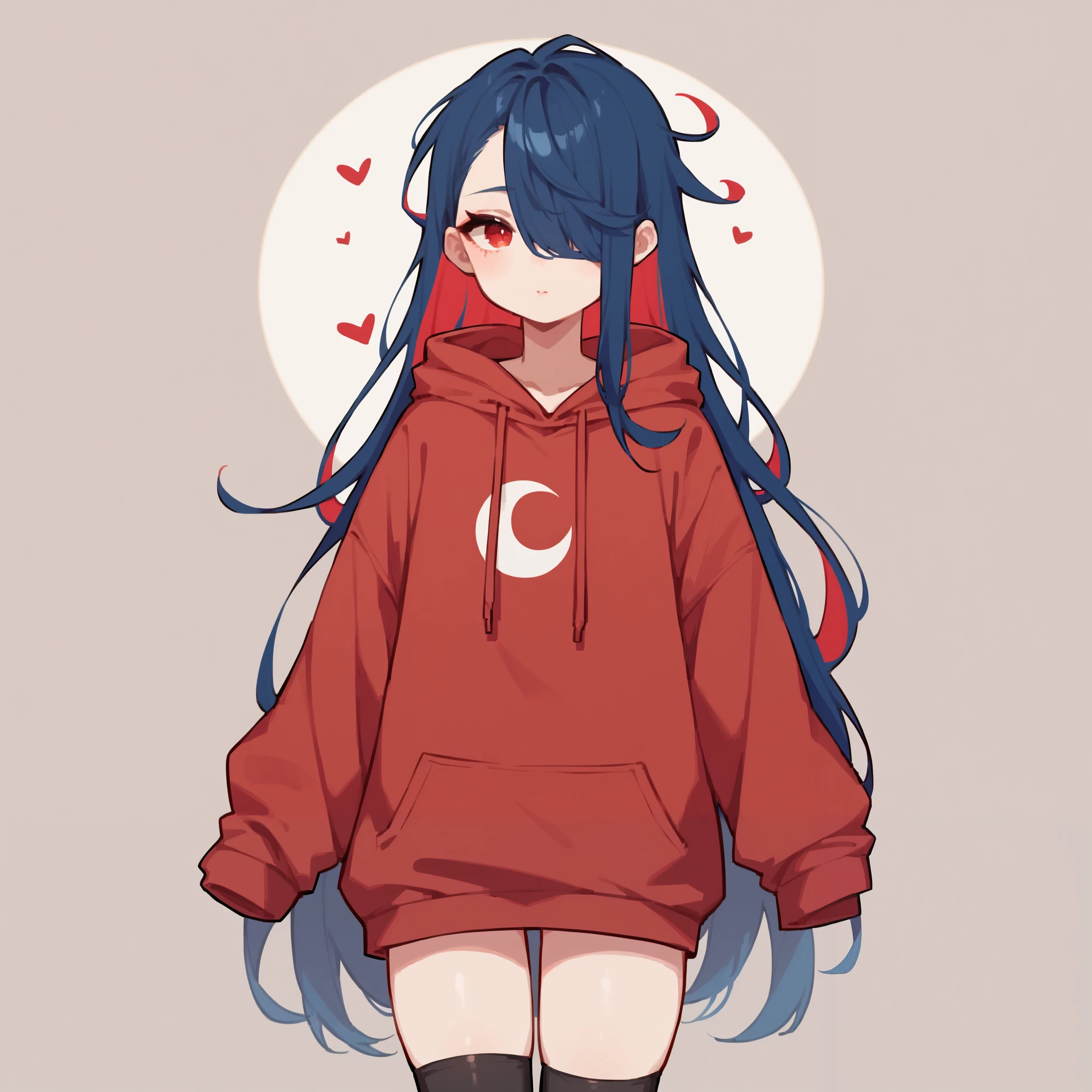 score_9, score_8_up, score_7_up, score_6_up, 1boy,femboy,cute, very long hair,(dark blue hair),(((red inside hair))), hair over one eye,red eye, black oversized hoodie, thick legs, exposed lower half, no pants, black thigh highs, moon shaped floating icons, multicolored hair