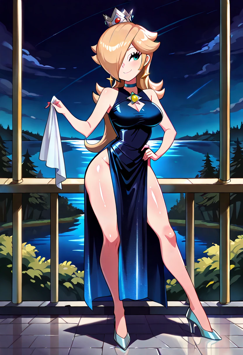 score_9, score_8_up, score_7_up, 1girl, Lora:Rosalina_XLPD:1,  (RslnSND, hair over one eye, crown, blue dress, bare shoulders, side slit, clothing cutout, choker, cleavage cutout, pelvic curtain, high heels, full body,  shiny dress, dark blue dress), Landidzu style , hand on hip, (holding a cloth in the other hand), smug, smile, shiny skin, (full bodies in view) , perfect proportions, lake forest background, night time. standing, (front view), , free legs, free feet, Open legs.  , (front view), complete body view, looking to the camera.