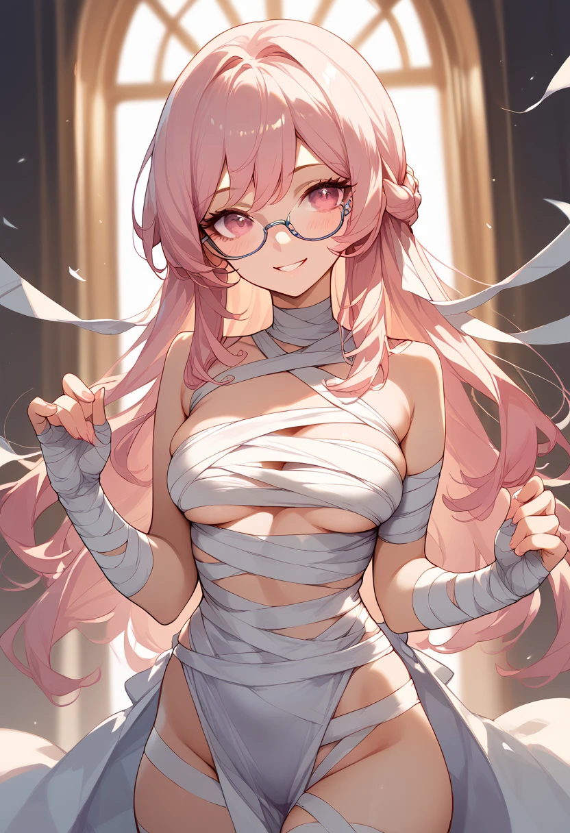 masterpiece, high definition , top quality,8k
(Carmine , pink Eyes long hair, glasses)
(Mummy outfit)
smile