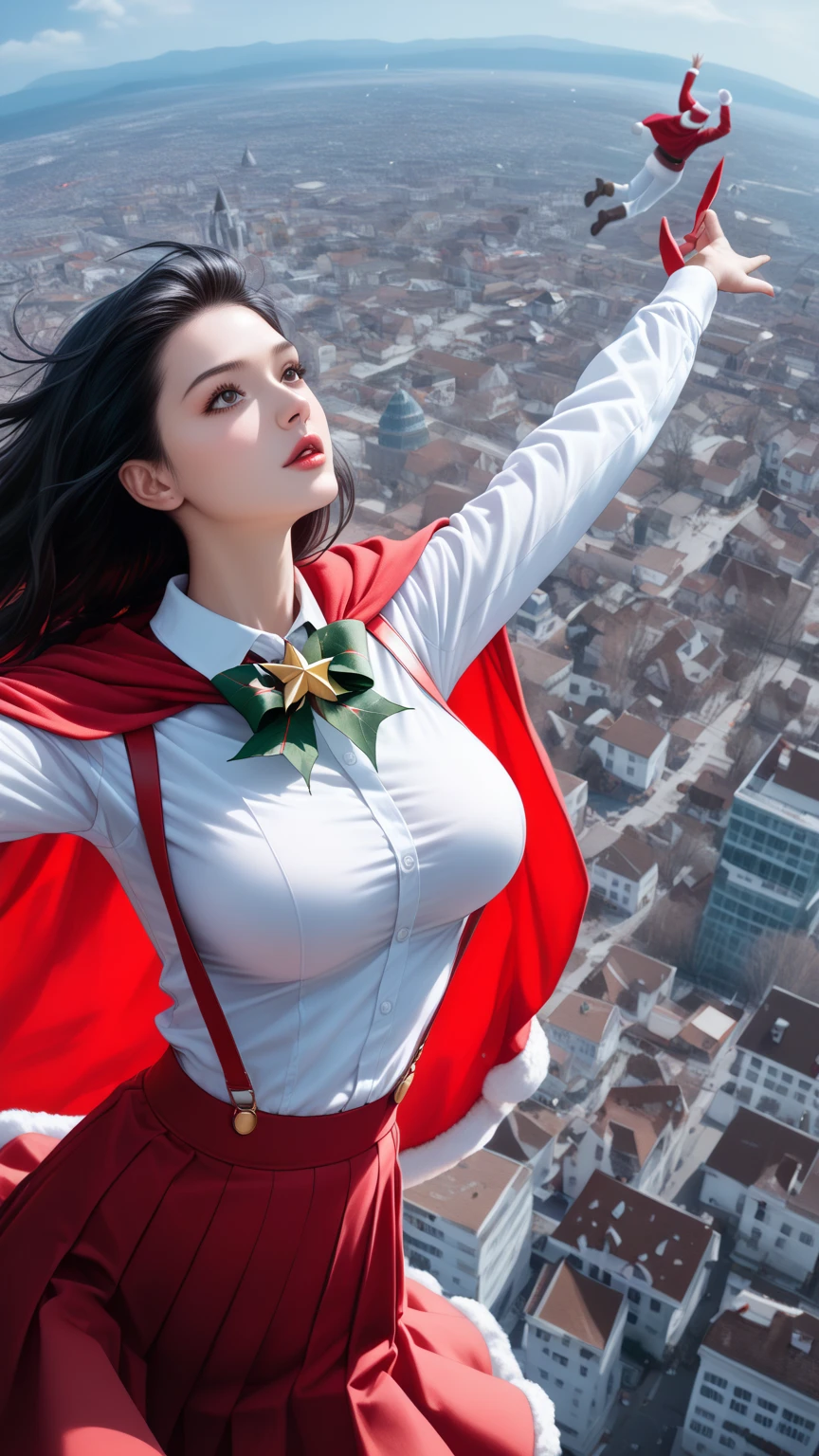 score_9,score_8_up,score_7_up,high res image,masterpiece,best quality,realistic,1girl,santa_costume,white_shirt,(red cape:1.2),(red skirt:1.2),(dynamic_angle:1.3),(medium breasts:1.3),(black hair:1.3),(white suspenders stockings:1.3),(santa_boots:1.2),(floating in the air:1.3),from_above,(many small tall buildings below:1.3),