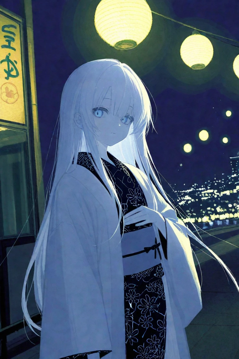white ghost girl,long white hair,back to look back,a neighborhood without people,Wearing a white gauze dresloating in air,looking confused