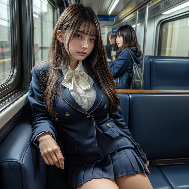(tmasterpiece,k hd,hyper HD,4K)brunette color hair,18 years old Japanese girl,Uniform skirts,emphasizing thighs,whitethighhighs,soft thighs,Glossy thighs,Sitting on the train,Face-to-face perspective,(From the angle below),sitting in the train seat,sitting in front,Crotch zoom camera,Feet on the train floor,full bodyesbian,Head down and sleepy-eyed,looking at the viewer only", best qualtiy, hyper HD, (realisticlying:1.4),, A high resolution, the detail, RAW photogr, Sharp Re, Nikon D850 Film Stock Photo by Jefferies Lee 4 Kodak Portra 400 Camera F1.6 shots, Rich colors, ultra-realistic vivid textures, Dramatic lighting, Unreal Engine Art Station Trend, cinestir 800,