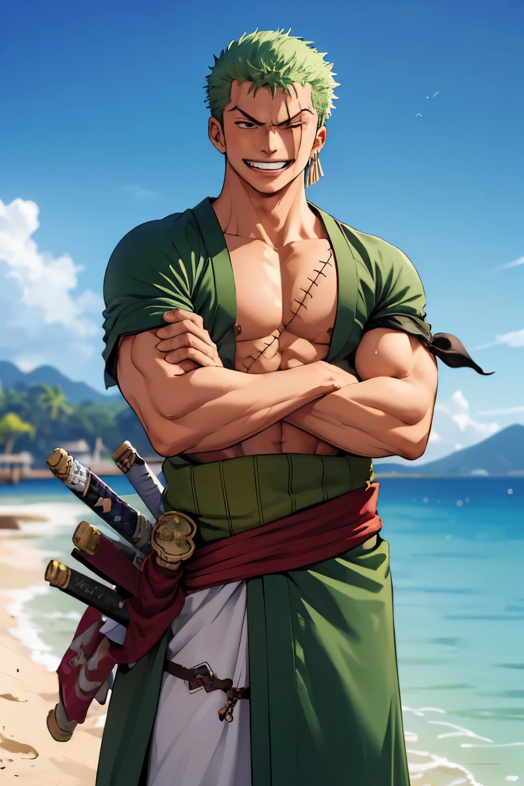 (masterpiece, best quality:1.2), cowboy shot, solo, male focus, 1boy, roronoa zoro, scar, muscular male, grin, looking at viewer, )crossed arms, japanese clothes, green kimono,make the hands fit prefect,focus more on the eyes,make the clothing more perfect, island background, carrying 3 swords, pirate life