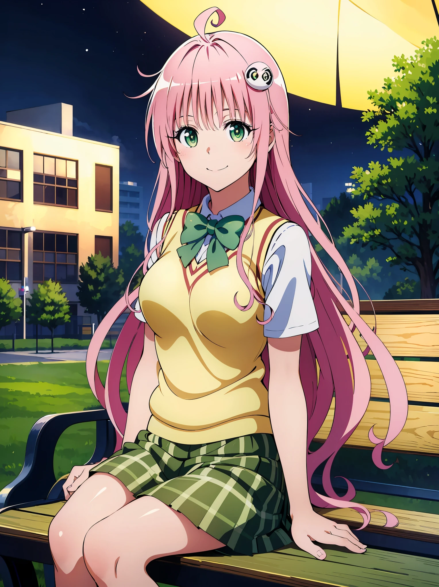 masterpiece,  top quality ,  high res, anxiety,  long hair,  ,  hair accessories,  green eyes, chest,  school uniform,  Green Bow Tie ,  collared shirt ,  white shirt,  sweater vest,  yellow vest , Short sleeve,  plaid skirt ,  green skirt,  sitting, bench,  Waving , smile,  outdoors on the street at night