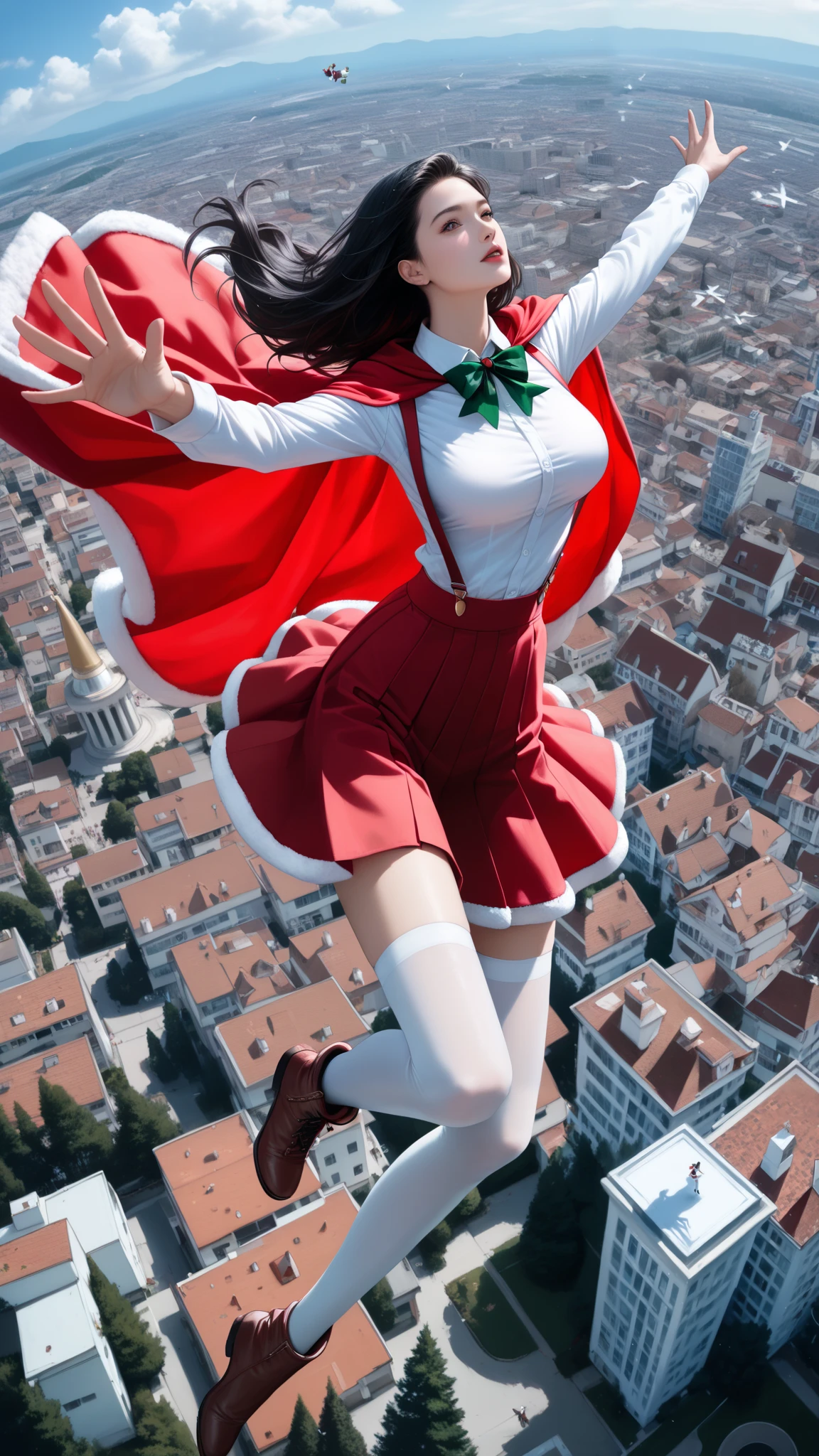 score_9,score_8_up,score_7_up,high res image,masterpiece,best quality,realistic,1girl,santa_costume,white_shirt,(red cape:1.2),(red skirt:1.2),(dynamic_angle:1.3),(medium breasts:1.3),(black hair:1.3),(white suspenders stockings:1.3),(santa_boots:1.2),(floating in the air:1.3),from_above,(many small tall buildings below:1.3),