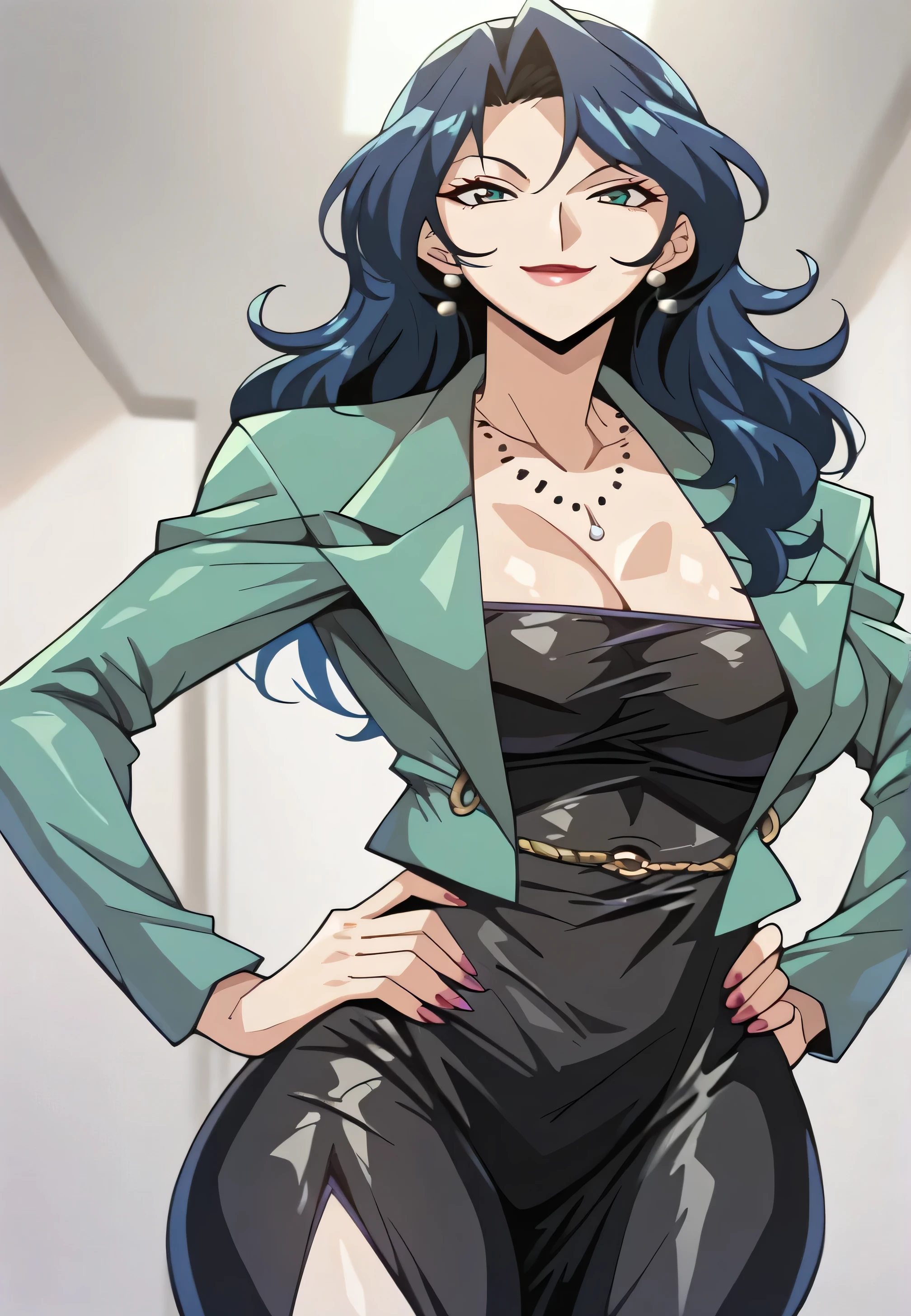 (looking at viewer, smile, closed mouth,  hands on own hips), etsukoyamanobe, long hair, blue hair, makeup, lipstick, nail polish,  green eyes, large breasts, necklace, jewelry, earrings,  green jacket, open jacket, cleavage, black dress,, 16k, masterpiece, absurdes, highly detailed, highres, high quality, best quality, score_9, score_8_up, score_7_up, score_6_up, shiny, shiny skin, shiny hair, shiny clothes