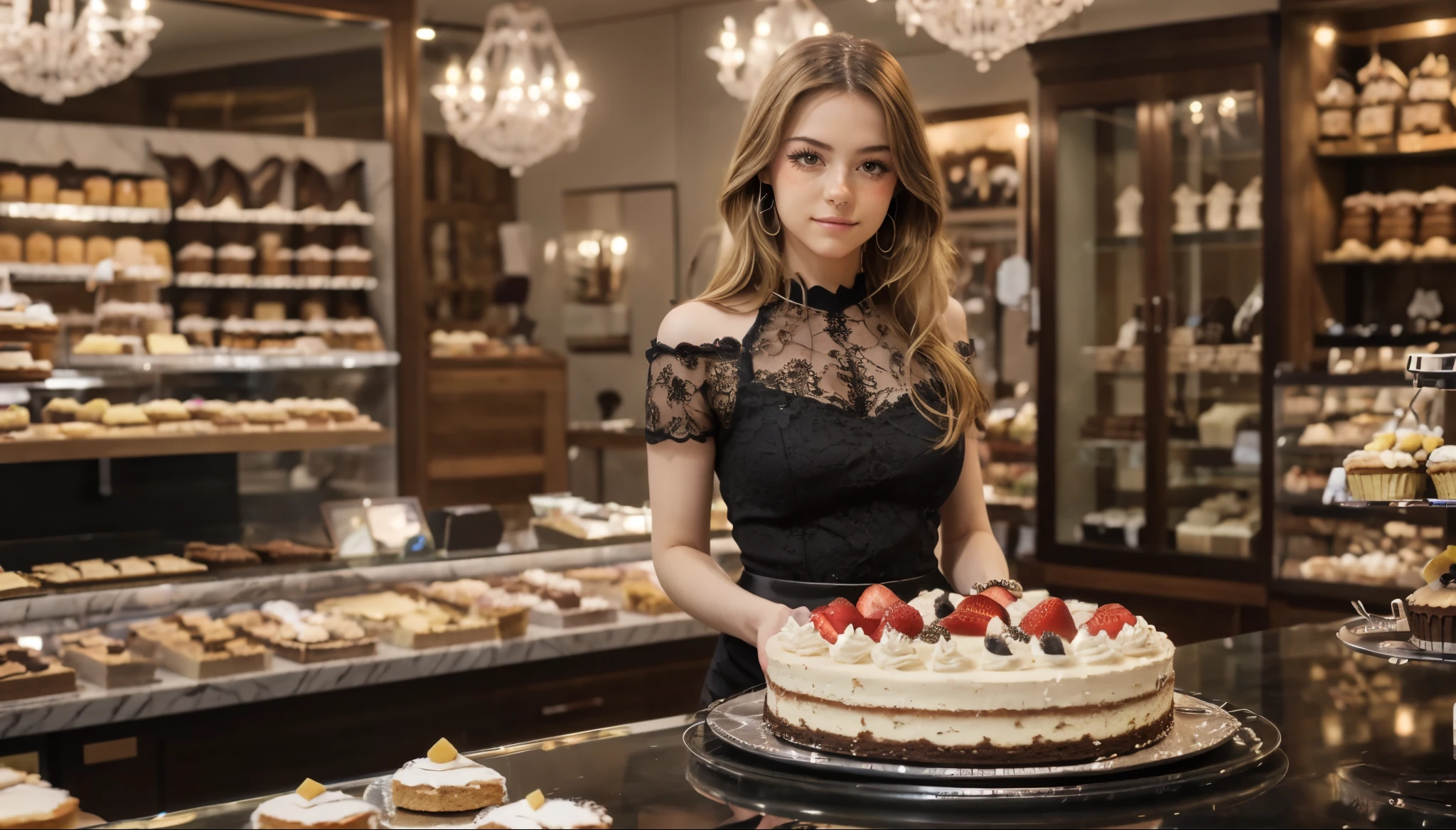 (best_quality, masterpiece:1.2), (highly detailed), (4k, 8k, uhd, high_resolution, highres), girl, fit dress, lace-trimmed, gigantic breasts, long hair, earring, patisserie shop, modern interior design, marble surface, cozy lighting, a slice of cakes, various slice of cakes, oppulence, sleek black table, (perfect reflection:0.6), sharp focus, professional photography, high quality, high resolution, delicate details, blonde, choclolate cheese cake, tight outfit, hands behind, thighs,