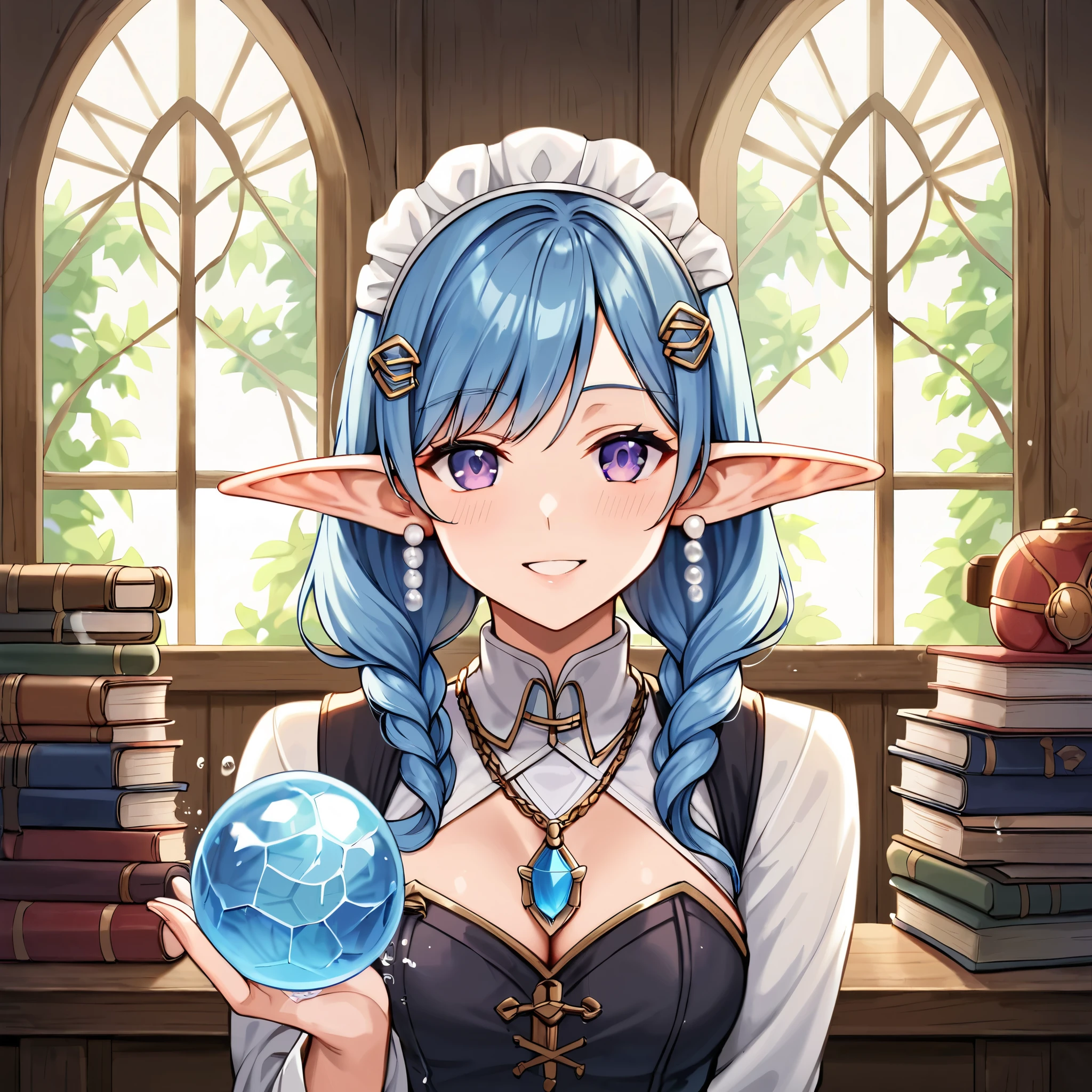 score_9, score_8_up, score_7_up, score_6_up, score_5_up, score_4_up, hires, masterpiece(1girl, cheerful elf, long straight blue hair, a half-up hairstyle with hairpins decorated with small shells and water droplets, gentle purple eyes, pearl earrings in her long pointed ears, a white and light blue maid-style uniform embroidered with waves, and a crystal pendant around her neck)guild receptionist, looking at viewer, wooden counter, quill pen, documents on counter, professional attire, business smile, fantasy interior, wooden shelves, potions on shelves, magic items, crystal ball, books on shelves, medieval fantasy setting, guild hall, detailed background, indoors, warmly welcoming adventurers at the guild counter, she smiles friendly and leans forward slightly, On the counter are colorful quest forms for adventurers, a glowing ink bottle, and a quill, behind her are shelves filled with quest scrolls, thick leather-bound ledgers, and glowing magical items like crystal balls and teleport stones, and on the wall behind her is a large tapestry depicting the guild's crest (a crystal design). Soft lighting, warm atmosphere,