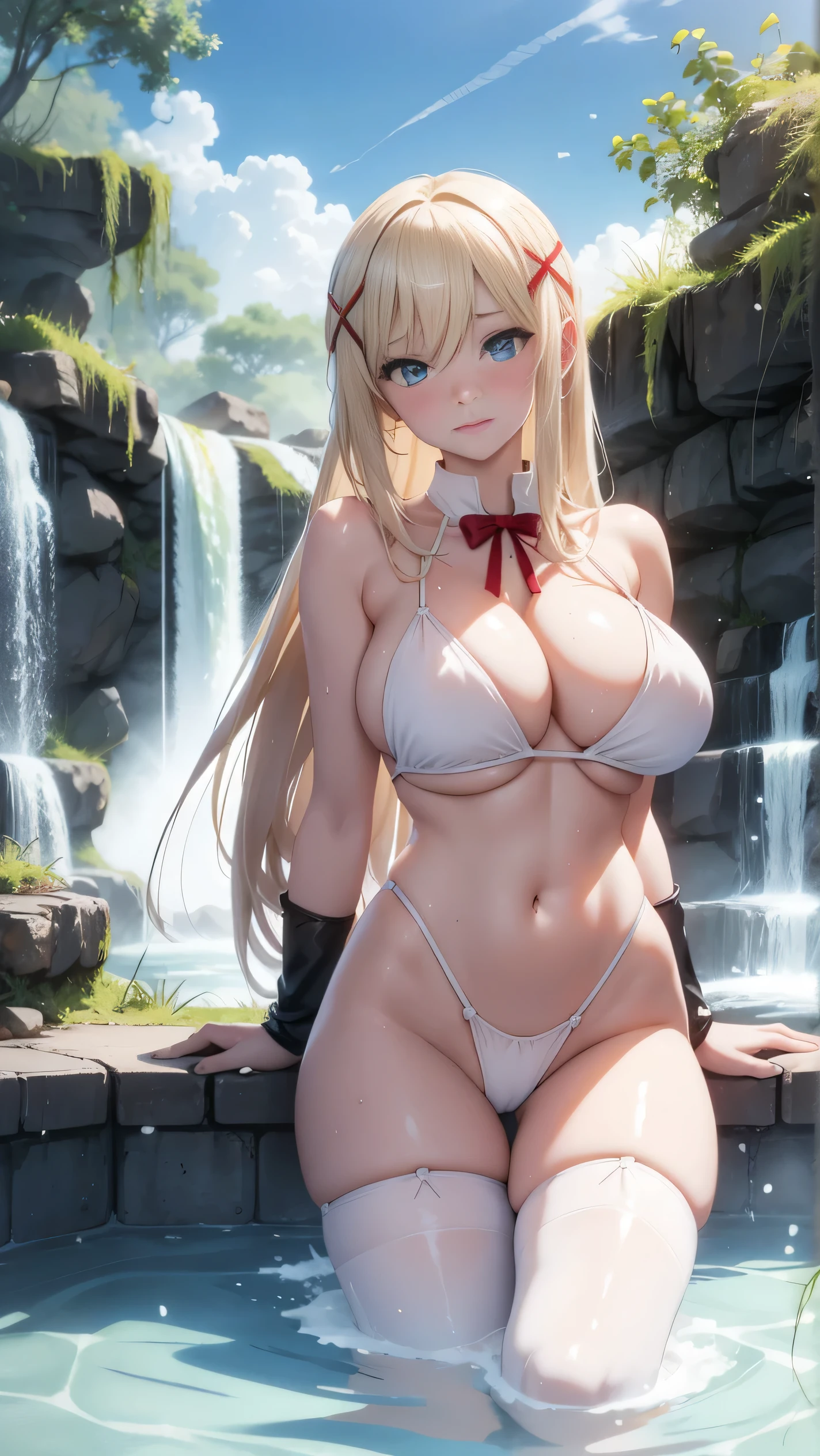 Nsfw, sfw, 18+, ero, erotic, embarrassed, blushing,blue eyes, lying in the big pool at the hot springs, white very sexy short bikini, (large breasts:1.5), detailed body, long blonde shine hair, legs crossed, one leg on top of the other, legs crossed,  panties visible, sexy stockings, heels,Hi-Res, 1girl in, Cute anime illustration, 18+