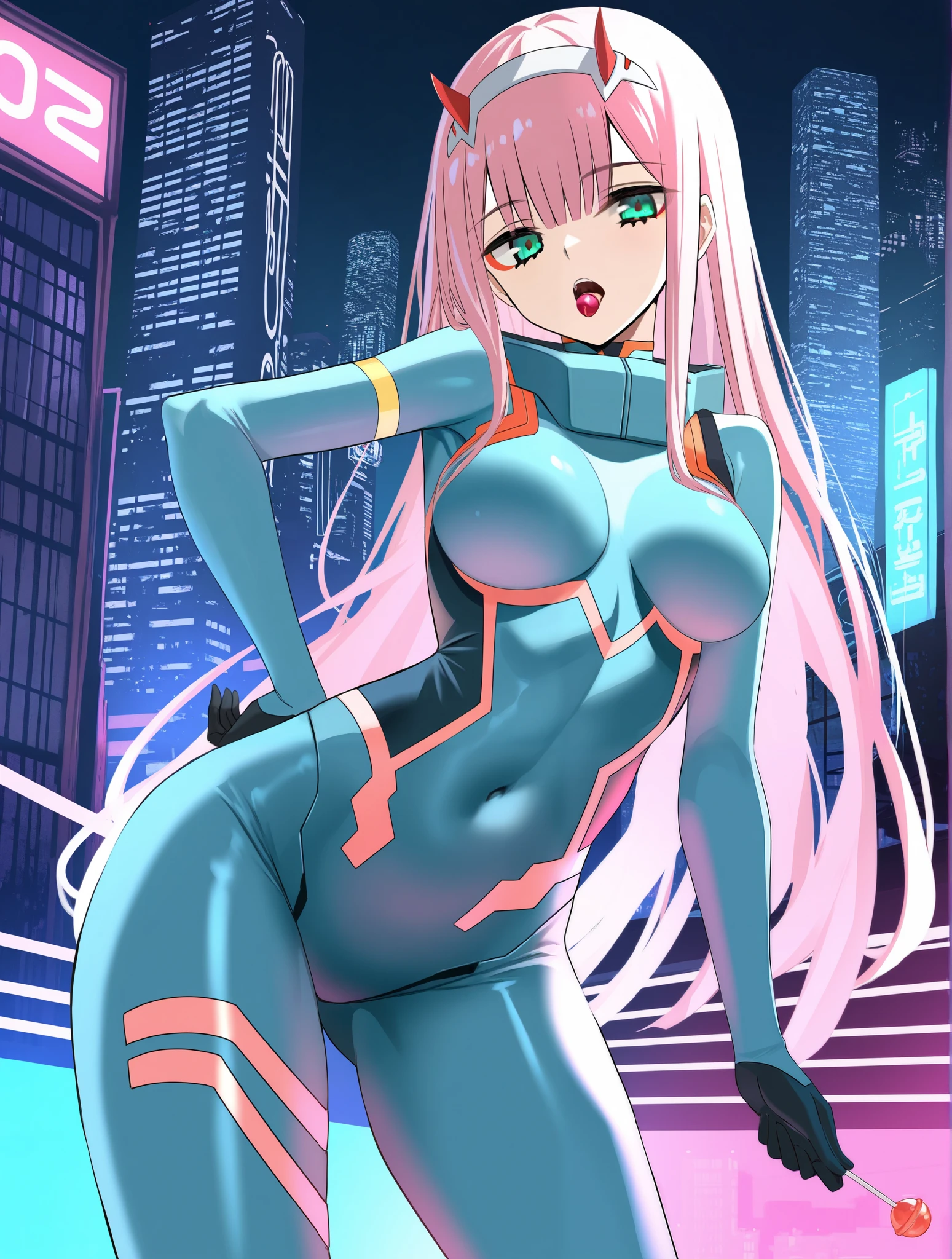 ((masterpiece)), ((best quality)), perfect detailed eyes, perfect detailed face, light blue hair, hair over shoulder, (pink bodysuit), armed shoulders, armed arms, sci-fi movie warrior, shiny costume, Cute girl, detailed face, fine details, diffused reflection of light behind, It's raining, on her knees in the rain