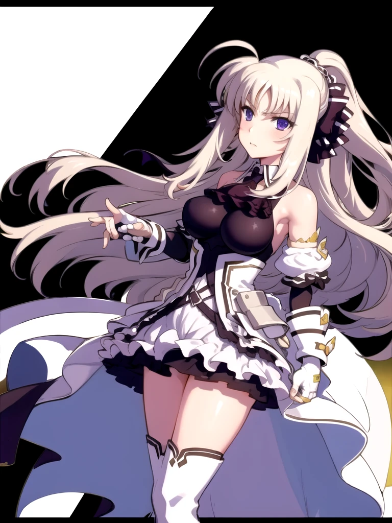 indoor, Arena, full body,
did_BJ,  1 girl, (( thigh-length boots )), Long Hair,  purple eyes, upper body, ascot, breast, Gloves,  watching viewers, ((white  thigh-length boots)),  Ahoge, fingerless Gloves, Absolute territory,  bare shoulders,  standing, very Long Hair, Clenched hands,  skirt,  dress, black Gloves, medium breast, ribbon, black  ascot ,  hair ribbon, hair bow,  ponytail, bow, bangs,  Puff Sleeves,
