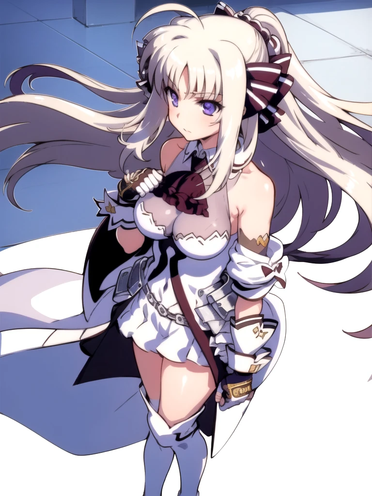 indoor, Arena, full body,
did_BJ,  1 girl, (( thigh-length boots )), Long Hair,  purple eyes, upper body, ascot, breast, Gloves,  watching viewers, ((white  thigh-length boots)),  Ahoge, fingerless Gloves, Absolute territory,  bare shoulders,  standing, very Long Hair, Clenched hands,  skirt,  dress, black Gloves, medium breast, ribbon, black  ascot ,  hair ribbon, hair bow,  ponytail, bow, bangs,  Puff Sleeves,
