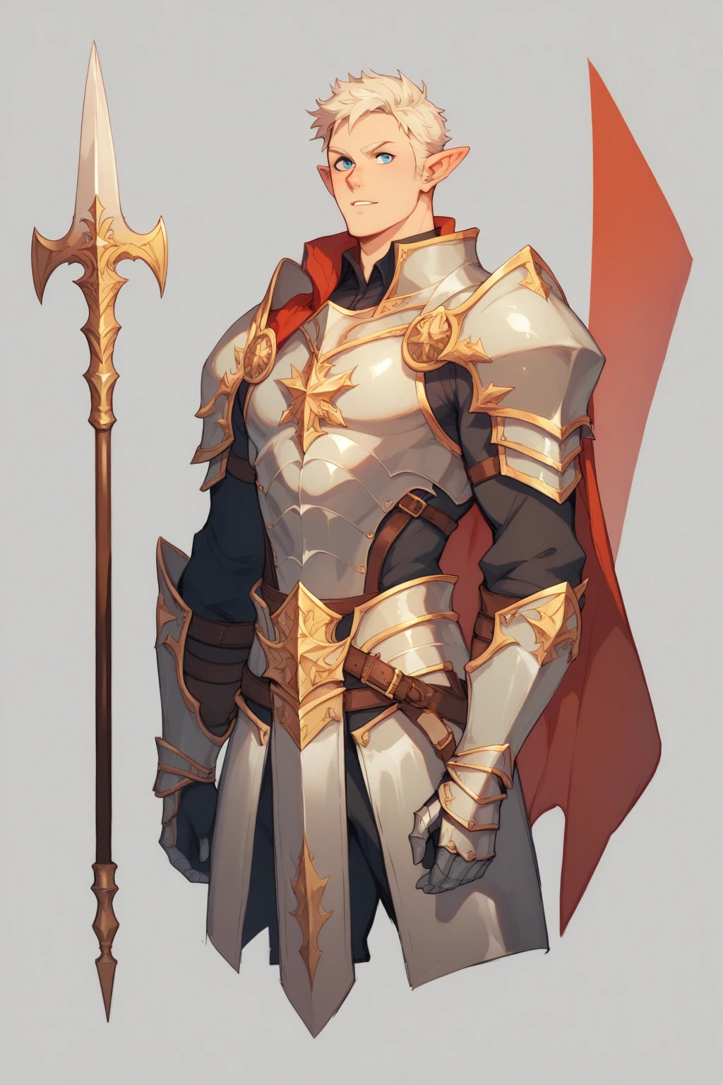 A white-haired male elf who has a blue-eyed centurian sword and a spear on his back who wears armor similar to that of a knight mixed with a thief who shows the character from head to toe and puts on a design sheet
