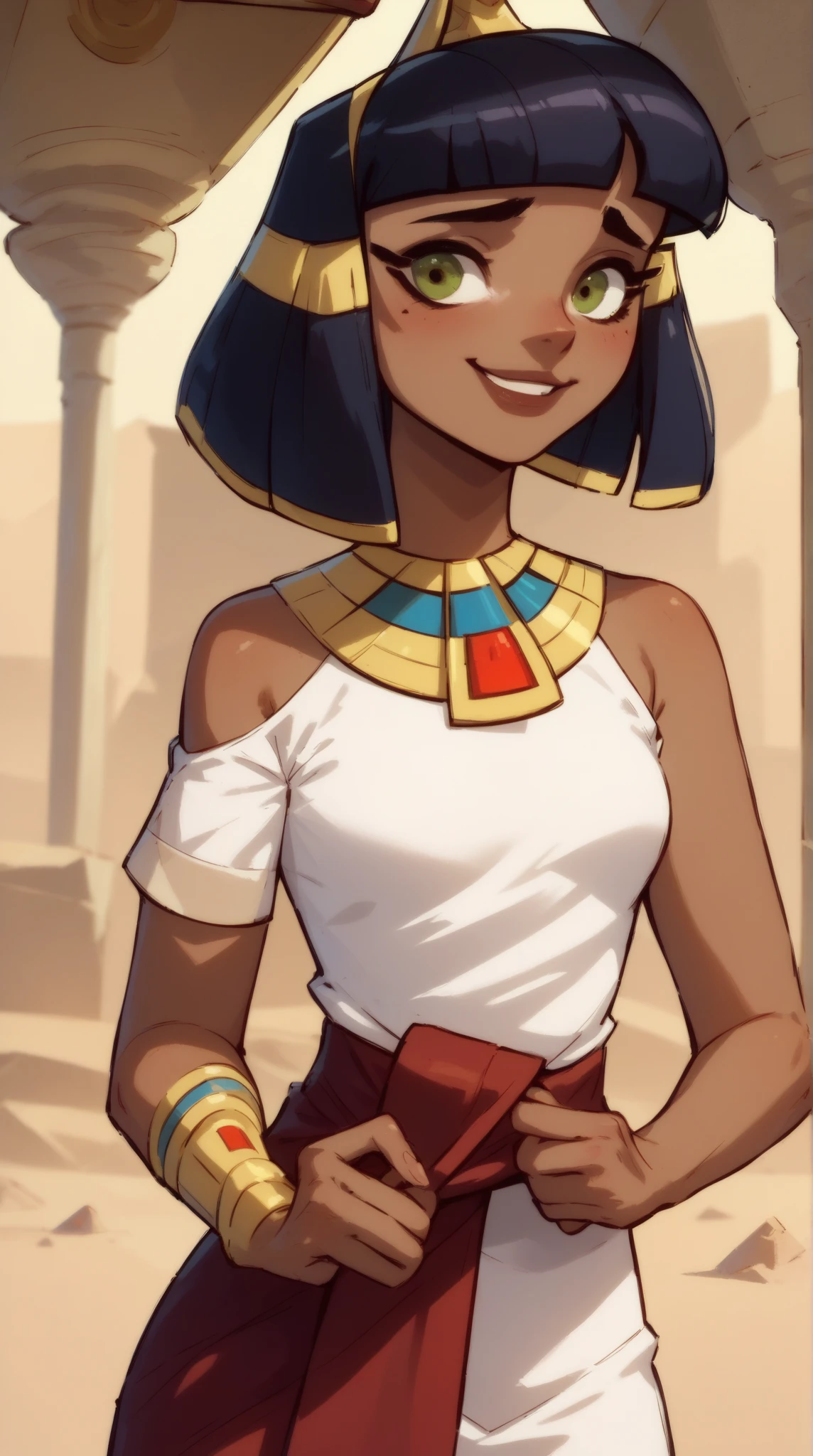 score_9, score_8_up, solo, 1girl, cleopatra, white dress, shy smile, looking at viewer, pyramids, desert background, single bracer, short sleeves, usekh collar, red sash, bare shoulders, Pull Down BraPull by Self, Bandeau, gold bra, trim lace bra