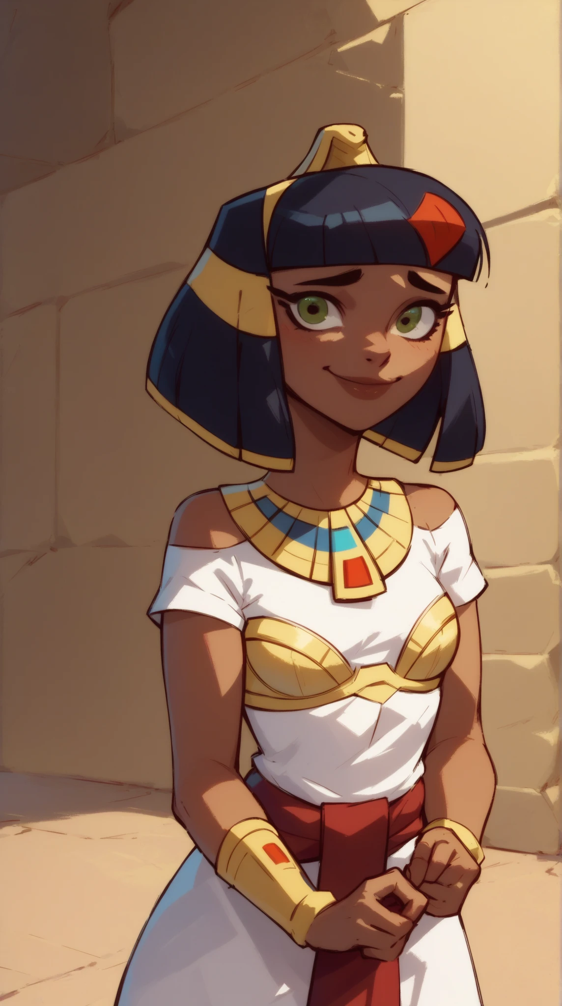 score_9, score_8_up, solo, 1girl, cleopatra, white dress, shy smile, looking at viewer, pyramids, desert background, single bracer, short sleeves, usekh collar, red sash, bare shoulders, Pull Down BraPull by Self, Bandeau, gold bra, trim lace bra