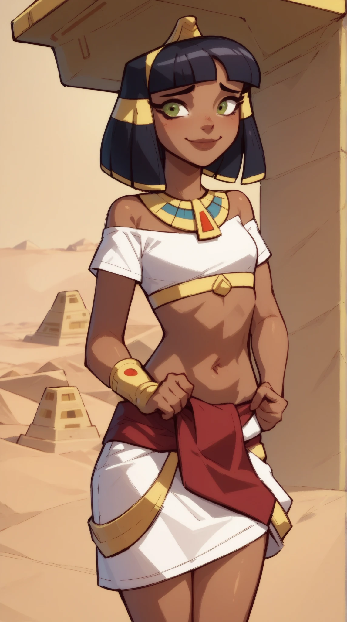 score_9, score_8_up, solo, 1girl, cleopatra, white dress, shy smile, looking at viewer, pyramids, desert background, single bracer, short sleeves, usekh collar, red sash, bare shoulders, Pull Down BraPull by Self, Bandeau, gold bra, trim lace bra