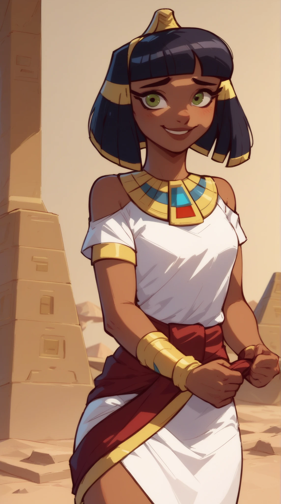 score_9, score_8_up, solo, 1girl, cleopatra, white dress, shy smile, looking at viewer, pyramids, desert background, single bracer, short sleeves, usekh collar, red sash, bare shoulders, Pull Down BraPull by Self, Bandeau, gold bra, trim lace bra