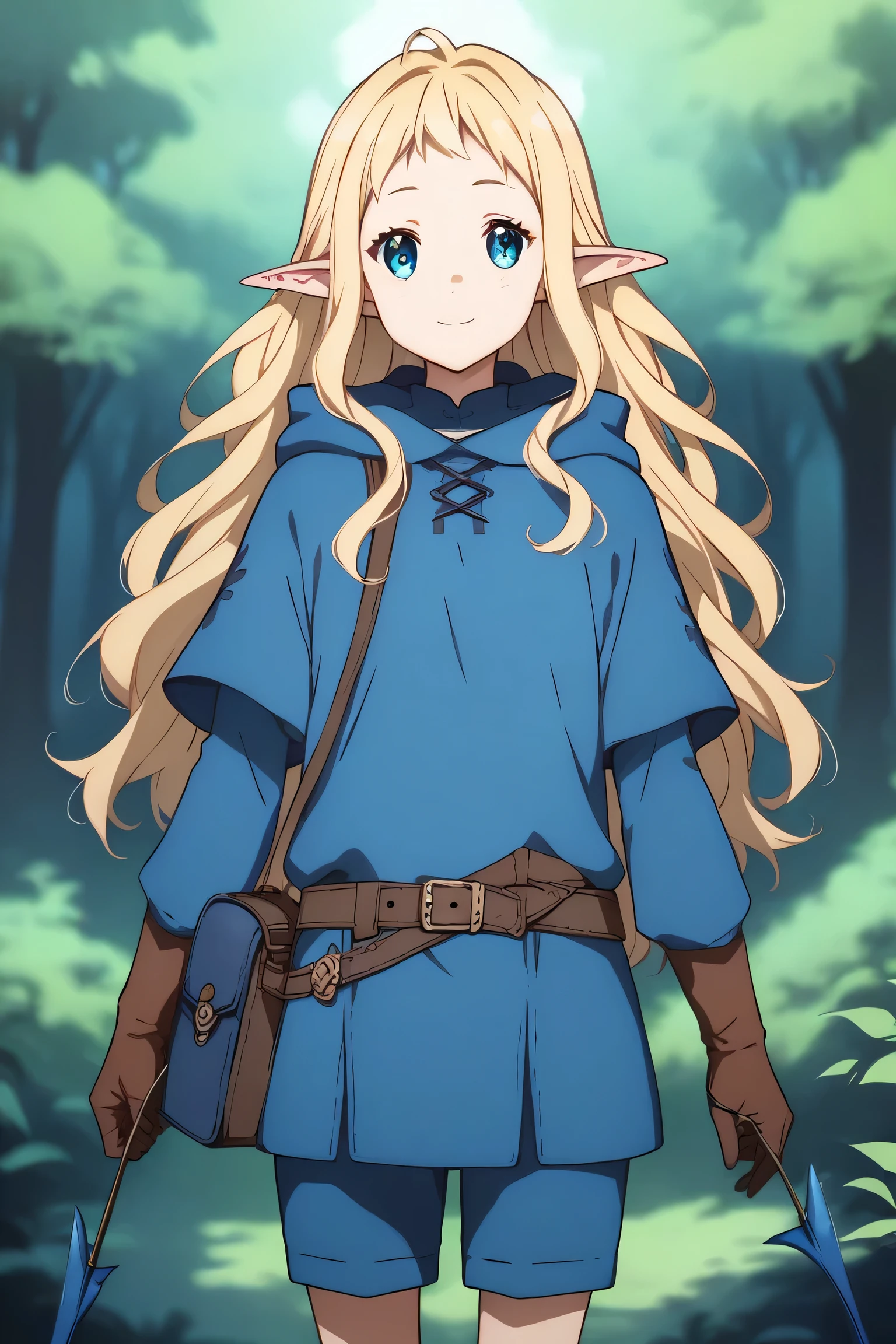 Ai shindou, masterpiece, Best Quality, Elf ,long hair, floating hair, blonde hair, blue sea eye, deeper eyes, elf ears, hoods, blue cloak, blue lightly tunic, gloves, Belt bag, blue shorts, Cowboy Shot, cute smile, forest, Looking at Viewer,Hold the bow and arrow