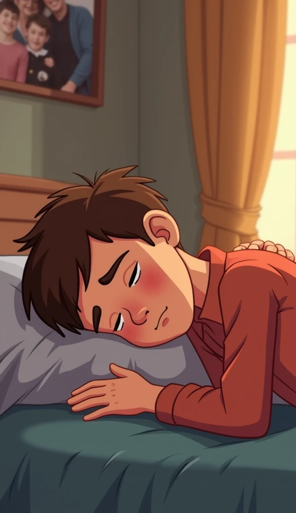 Little boy of 8 years passed out in a poor rudimentary bed, with his dark gray hair dressed in poor brown clothes from the 1st century AD in dark ancient Greek house from the 1st century AD, the walls are made of stone dark house, compacted earth floor .