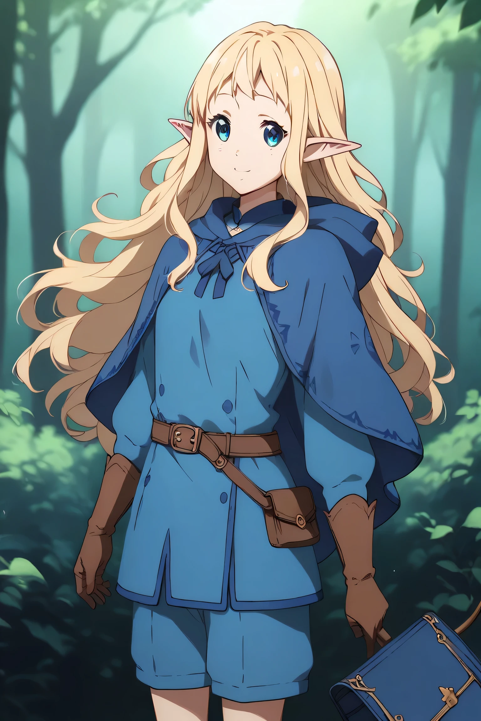 Ai shindou, masterpiece, Best Quality, Elf ,long hair, floating hair, blonde hair, blue sea eye, deeper eyes, elf ears, hoods, blue cloak, blue lightly tunic, gloves, Belt bag, blue shorts, Cowboy Shot, cute smile, forest, Looking at Viewer,Hold the bow and arrow