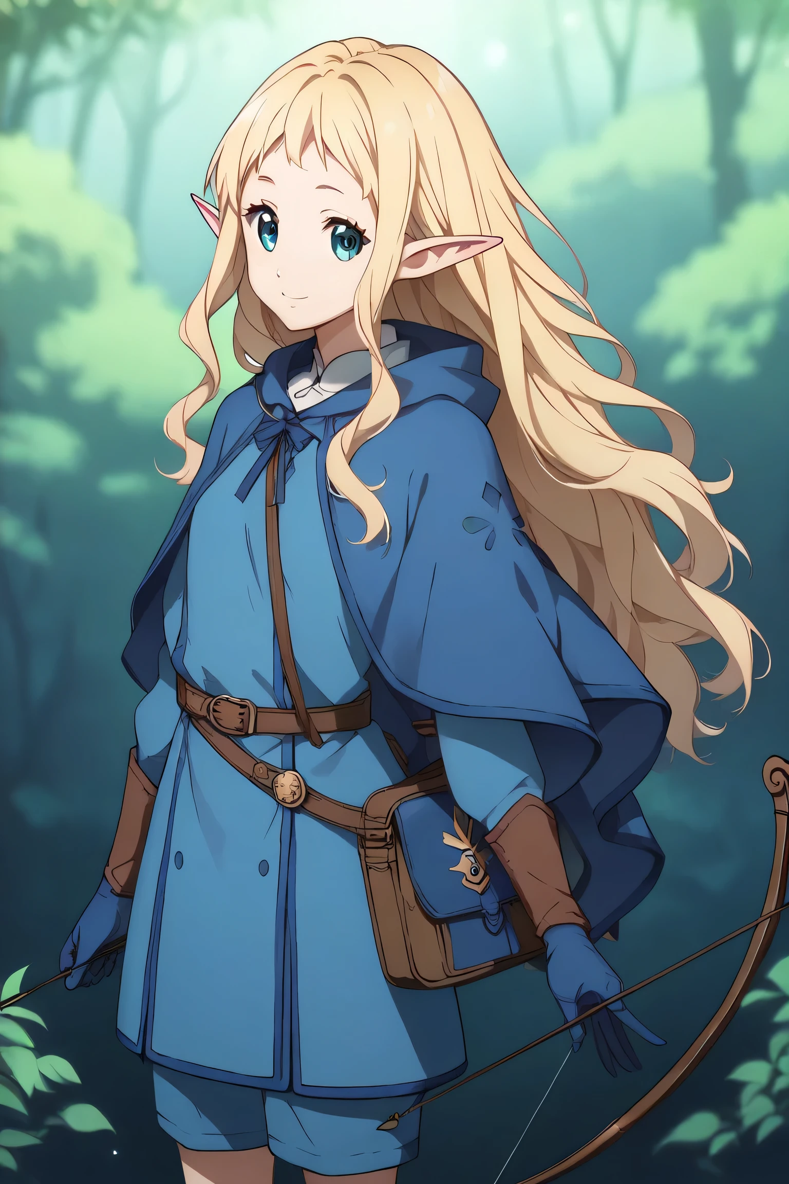 Ai shindou, masterpiece, Best Quality, Elf ,long hair, floating hair, blonde hair, blue sea eye, deeper eyes, elf ears, hoods, blue cloak, blue lightly tunic, gloves, Belt bag, blue shorts, Cowboy Shot, cute smile, forest, Looking at Viewer,Hold the bow and arrow