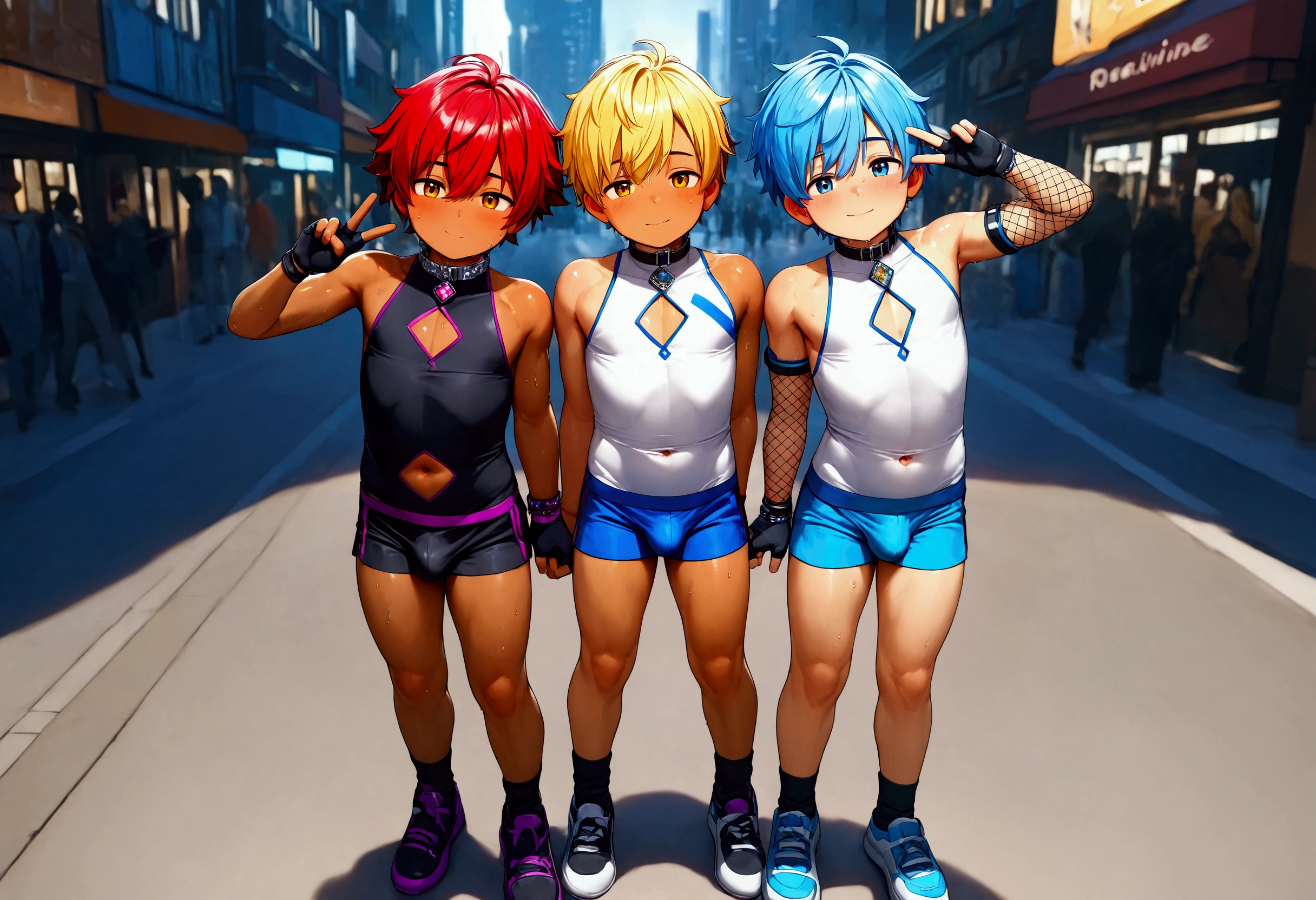 3boys, multiple boys, shine dark skin, shine skin, rangers, shota, group picture, symmetrical pose, peace sign, sweat, sci-fi, white sleeveless body suits, short pants, bulge, fingerless glove, fishnet arm covers, shoes, collar, navel cutout, chest cutout, jewels, city street, sunshine, short hair, messy hair, red hair, blue hair, yellow hair, cinematic lighting, masterpiece, best quality, 3d cg rendering