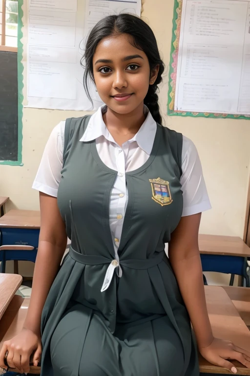 Srilankan school girl ,boobs, , school uniform frock,in the classroom, frock with pockets , wearing white vest camisole as a undergarment , see through 