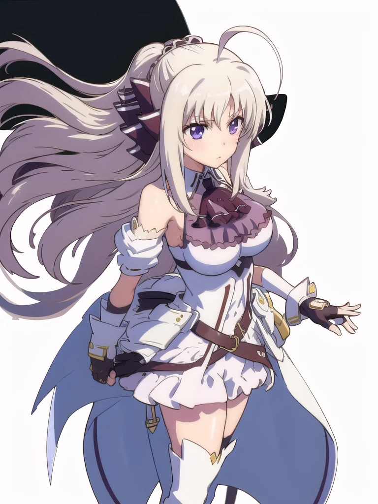 indoor, Arena, full body,
did_BJ,  1 girl, (( thigh-length boots )), Long Hair,  purple eyes, upper body, ascot, breast, Gloves,  watching viewers, ((white  thigh-length boots)),  Ahoge, fingerless Gloves, Absolute territory,  bare shoulders,  standing, very Long Hair, Clenched hands,  skirt,  dress, black Gloves, medium breast, ribbon, black  ascot ,  hair ribbon, hair bow,  ponytail, bow, bangs,  Puff Sleeves,
