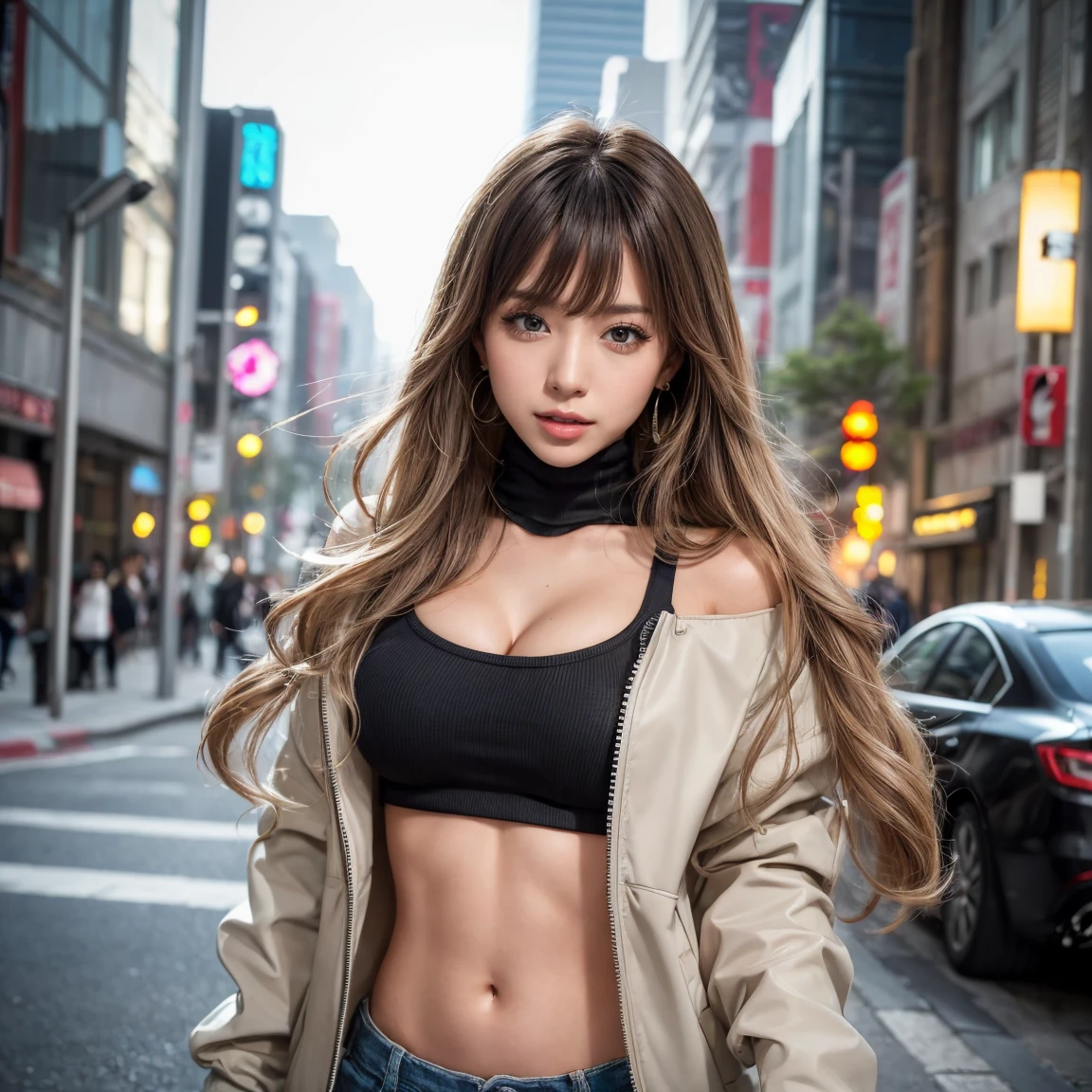(((Open Stance)))、15 years old、1 Girl, solo, Sports Bra、(((Pedestrian precinct)))、Flight jacket、(((Sexy young woman&#39;s body:1.4))),Staring at the audience.((smile))、White leggings pants、Place your arms behind your back、Beautiful knees,