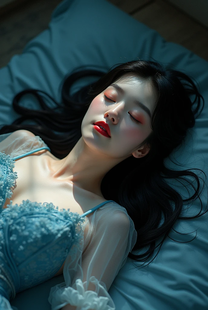 Gothic-style photograph of a French woman reclining with pale skin and elegant features, evoking the dreaming sensibilities of Aya Takano and the surrealism of Royo and Giger, captured in sharp focus against depth of field, Fujicolor C200 inspired color palette, unreal engine detailed texture, ideal composition, digital art on platforms like Pixiv Fanbox and Artstation, 8K resolution, HDR quality
